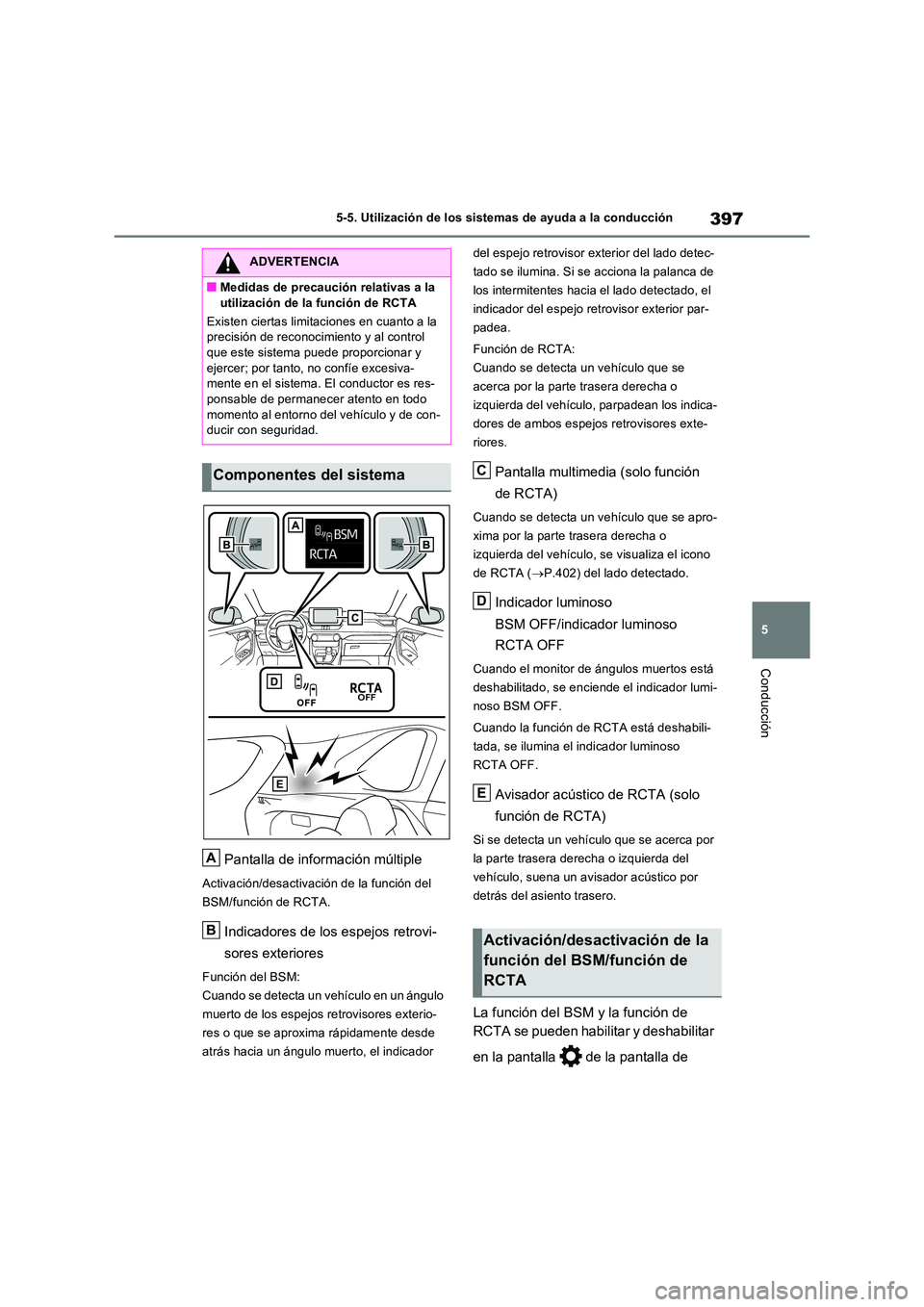 TOYOTA RAV4 PLUG-IN HYBRID 2023  Manual del propietario (in Spanish) 397
5 
5-5. Utilización de los sistemas de ayuda a la conducción
Conducción
Pantalla de información múltiple
Activación/desactivación de la función del  
BSM/función de RCTA.
Indicadores de l