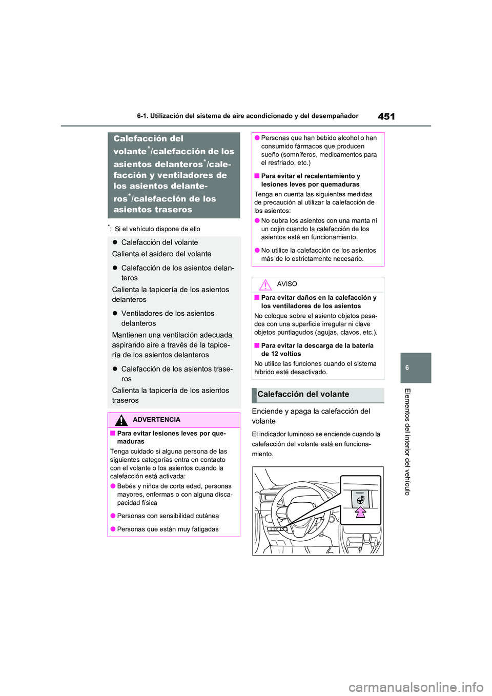 TOYOTA RAV4 PLUG-IN HYBRID 2023  Manual del propietario (in Spanish) 451
6 
6-1. Utilización del sistema de aire acondicionado y del desempañador
Elementos del interior del vehículo
*: Si el vehículo dispone de ello
Enciende y apaga la calefacción del  
volante
El