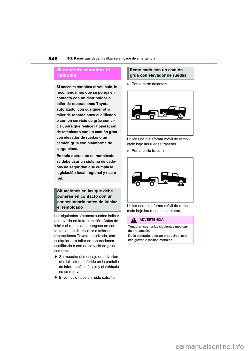 TOYOTA RAV4 PLUG-IN HYBRID 2023 Manual del propietario (in Spanish) 5468-2. Pasos que deben realizarse en caso de emergencia
8-2.Paso s que debe n realizarse en ca so de emerg encia
Los siguientes síntomas pueden indicar
una avería en la transmisión. Antes de
in TOYOTA RAV4 PLUG-IN HYBRID 2023 Manual del propietario (in Spanish) 5468-2. Pasos que deben realizarse en caso de emergencia
8-2.Paso s que debe n realizarse en ca so de emerg encia
Los siguientes síntomas pueden indicar
una avería en la transmisión. Antes de
in