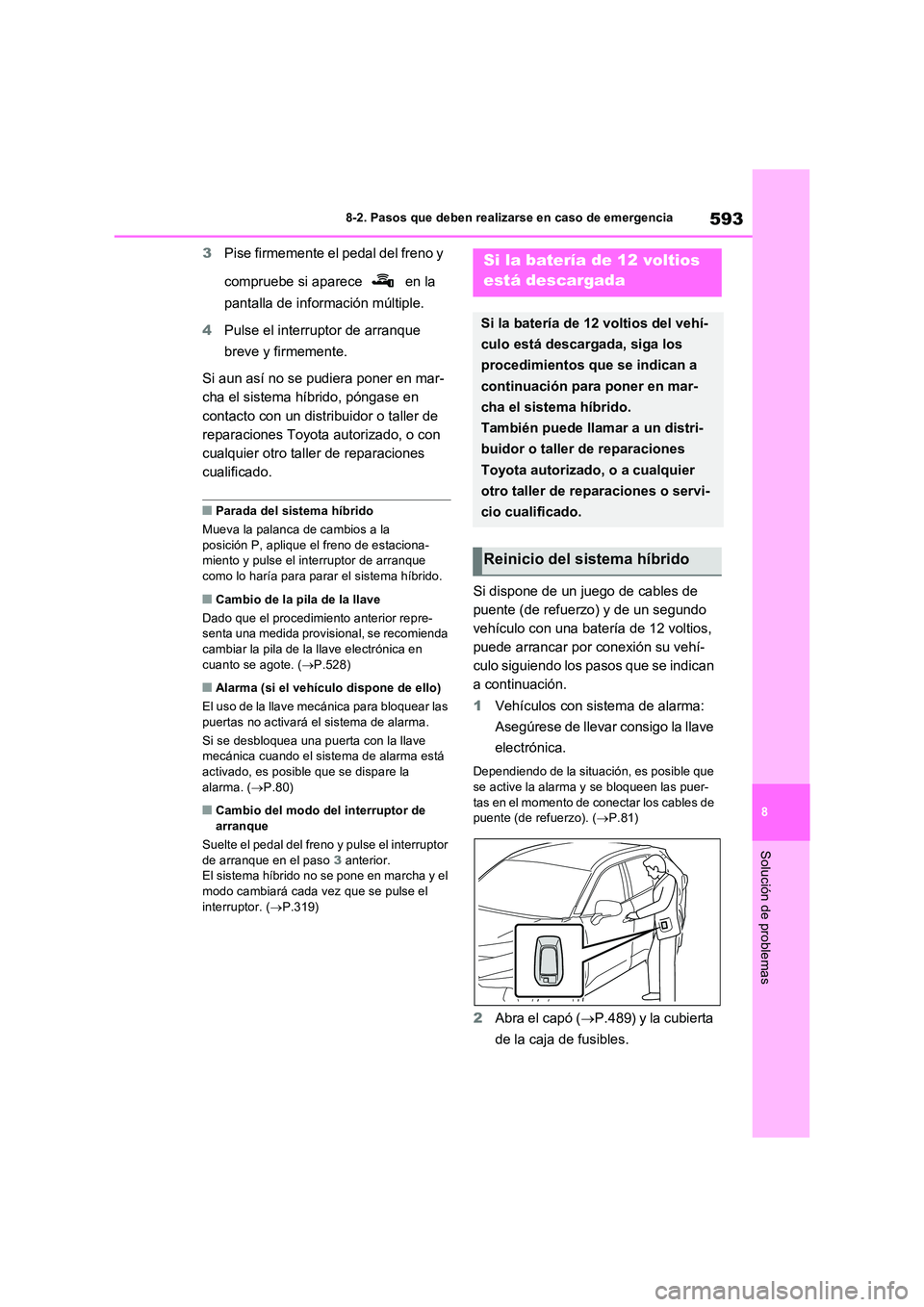 TOYOTA RAV4 PLUG-IN HYBRID 2023 Manual del propietario (in Spanish) 593
8
8-2. Pasos que deben realizarse en caso de emergencia
Solución de problemas
3 Pise firmemente el pedal del freno y
compruebe si aparece en la
pantalla de información múltiple.
4 Pulse TOYOTA RAV4 PLUG-IN HYBRID 2023 Manual del propietario (in Spanish) 593
8
8-2. Pasos que deben realizarse en caso de emergencia
Solución de problemas
3 Pise firmemente el pedal del freno y
compruebe si aparece en la
pantalla de información múltiple.
4 Pulse