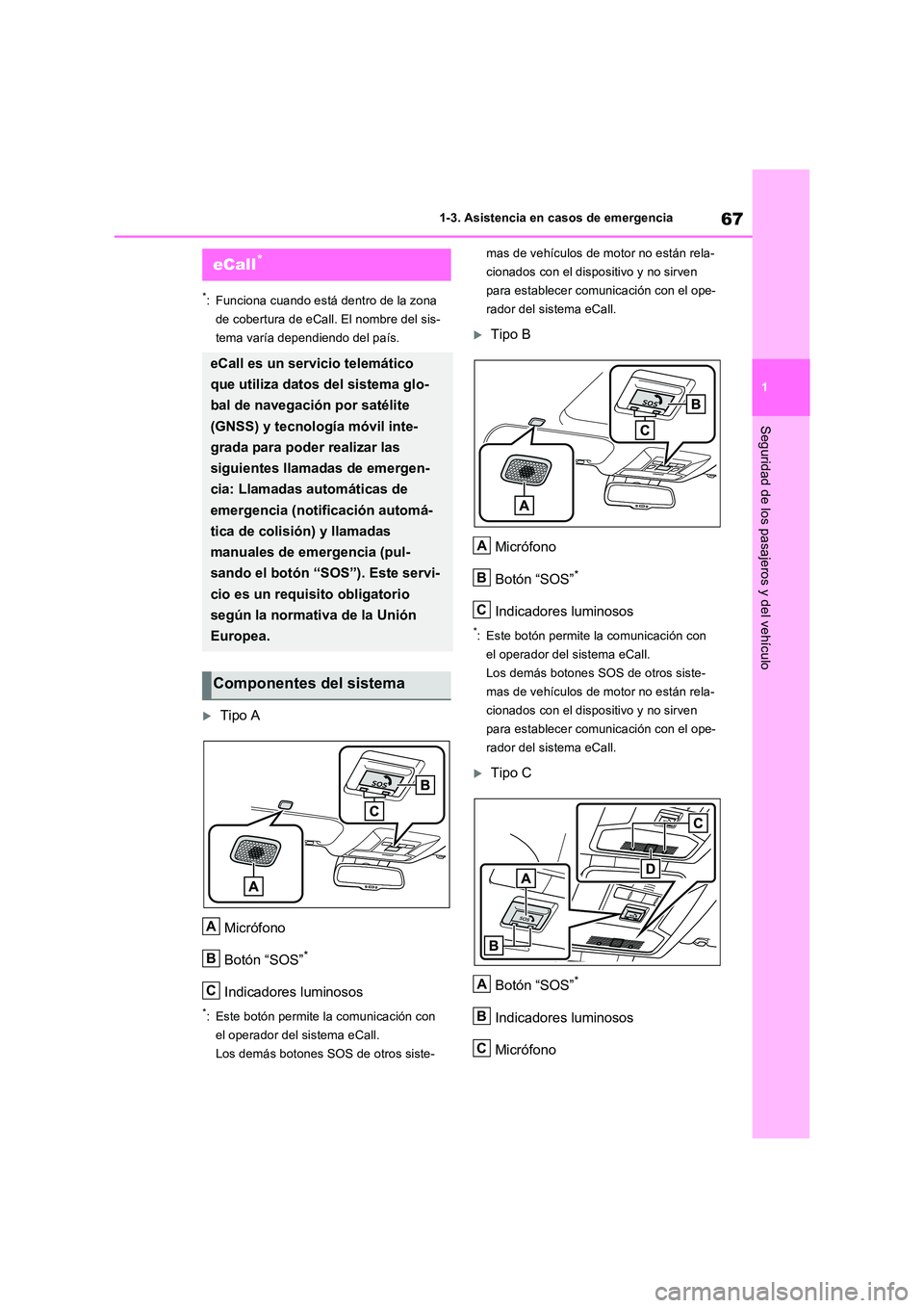 TOYOTA RAV4 PLUG-IN HYBRID 2023 Manual del propietario (in Spanish) 67
1
1-3. Asistencia en casos de emergencia
Seguridad de los pasajeros y del vehículo
1-3.Asistencia en cas os de emergencia
*: Funciona cuando está dentro de la zona
de cobertura de eCall. El no TOYOTA RAV4 PLUG-IN HYBRID 2023 Manual del propietario (in Spanish) 67
1
1-3. Asistencia en casos de emergencia
Seguridad de los pasajeros y del vehículo
1-3.Asistencia en cas os de emergencia
*: Funciona cuando está dentro de la zona
de cobertura de eCall. El no