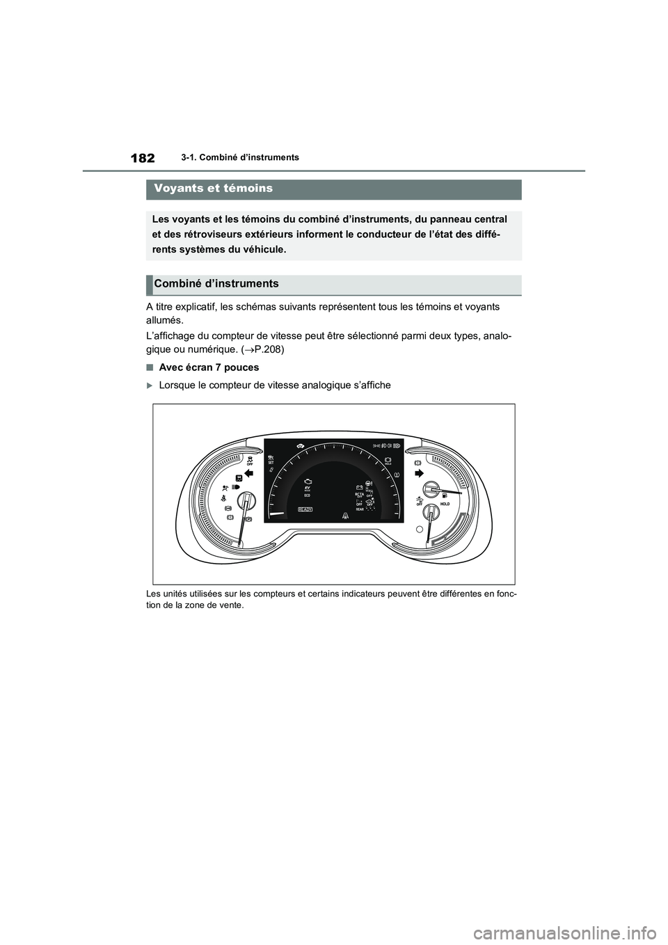 TOYOTA RAV4 PLUG-IN HYBRID 2023 Manuel du propriétaire (in French) 1823-1. Combiné d’instruments
3-1.Combiné d’ins truments
A titre explicatif, les schémas suivants représentent tous les témoins et voyants
allumés.
L’affichage du compteur de vitesse pe TOYOTA RAV4 PLUG-IN HYBRID 2023 Manuel du propriétaire (in French) 1823-1. Combiné d’instruments
3-1.Combiné d’ins truments
A titre explicatif, les schémas suivants représentent tous les témoins et voyants
allumés.
L’affichage du compteur de vitesse pe