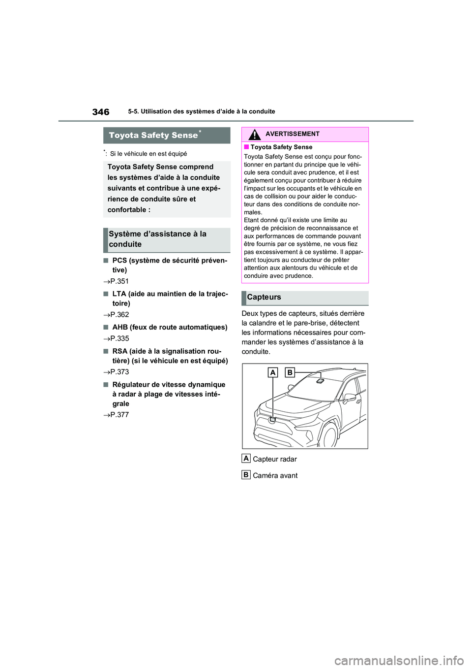 TOYOTA RAV4 PLUG-IN HYBRID 2023 Manuel du propriétaire (in French) 3465-5. Utilisation des systèmes d’aide à la conduite
5-5.Utilis ation des s ystèmes d’aide à la con duite
*: Si le véhicule en est équipé
■PCS (système de sécurité préven-
tive)
TOYOTA RAV4 PLUG-IN HYBRID 2023 Manuel du propriétaire (in French) 3465-5. Utilisation des systèmes d’aide à la conduite
5-5.Utilis ation des s ystèmes d’aide à la con duite
*: Si le véhicule en est équipé
■PCS (système de sécurité préven-
tive)