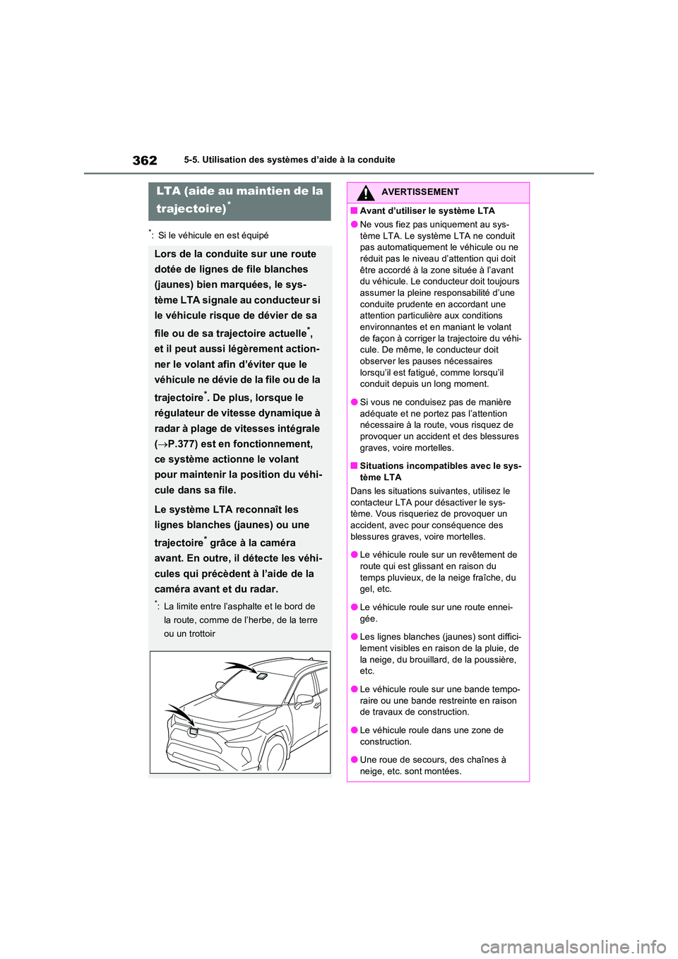 TOYOTA RAV4 PLUG-IN HYBRID 2023 Manuel du propriétaire (in French) 3625-5. Utilisation des systèmes d’aide à la conduite
*: Si le véhicule en est équipé
LTA (aide au maintien de la
trajectoire)*
Lors de la conduite sur une route
dotée de lignes de file bl TOYOTA RAV4 PLUG-IN HYBRID 2023 Manuel du propriétaire (in French) 3625-5. Utilisation des systèmes d’aide à la conduite
*: Si le véhicule en est équipé
LTA (aide au maintien de la
trajectoire)*
Lors de la conduite sur une route
dotée de lignes de file bl