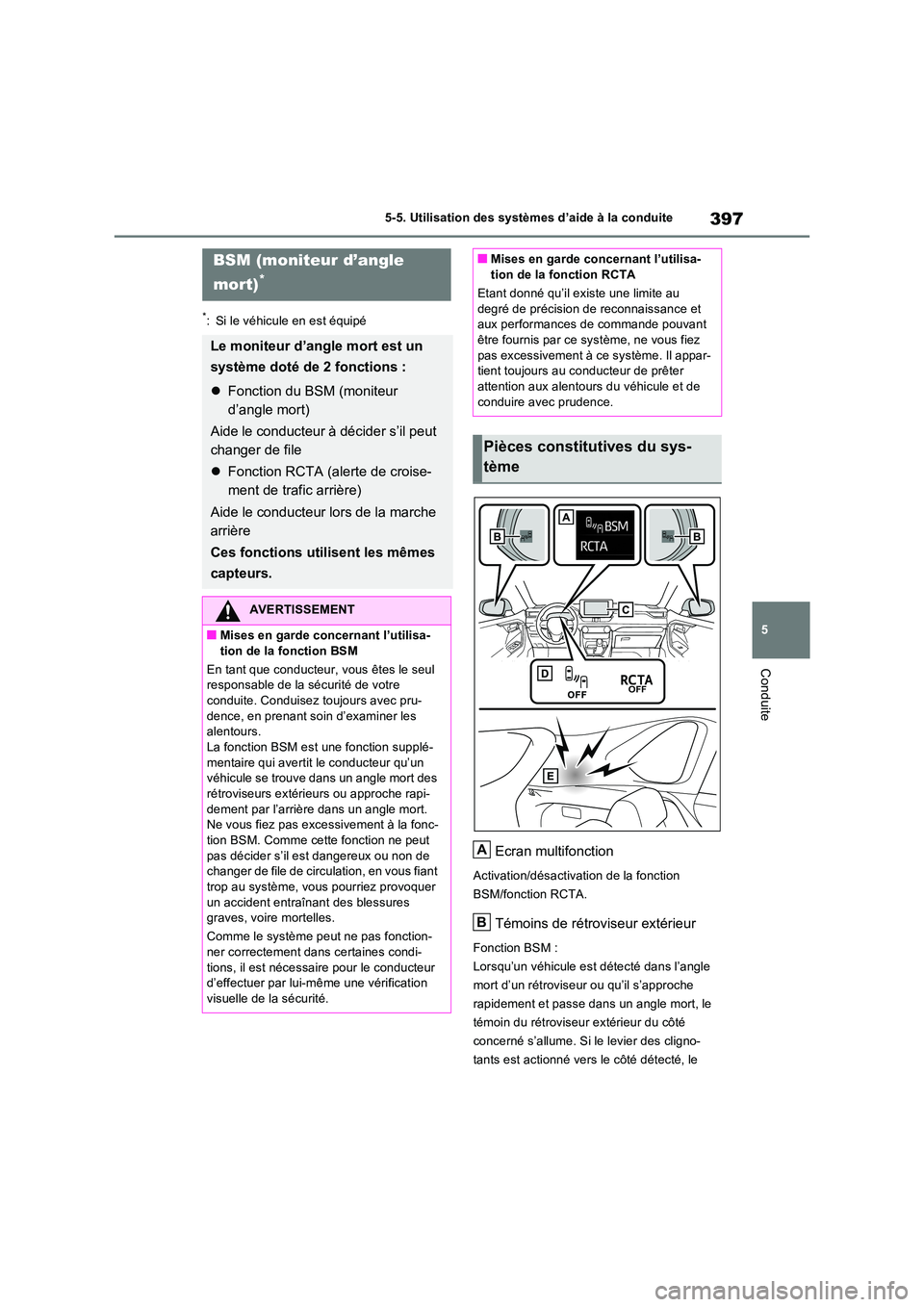 TOYOTA RAV4 PLUG-IN HYBRID 2023 Manuel du propriétaire (in French) 397
5
5-5. Utilisation des systèmes d’aide à la conduite
Conduite
*: Si le véhicule en est équipé
Ecran multifonction
Activation/désactivation de la fonction
BSM/fonction RCTA.
Témoins de TOYOTA RAV4 PLUG-IN HYBRID 2023 Manuel du propriétaire (in French) 397
5
5-5. Utilisation des systèmes d’aide à la conduite
Conduite
*: Si le véhicule en est équipé
Ecran multifonction
Activation/désactivation de la fonction
BSM/fonction RCTA.
Témoins de