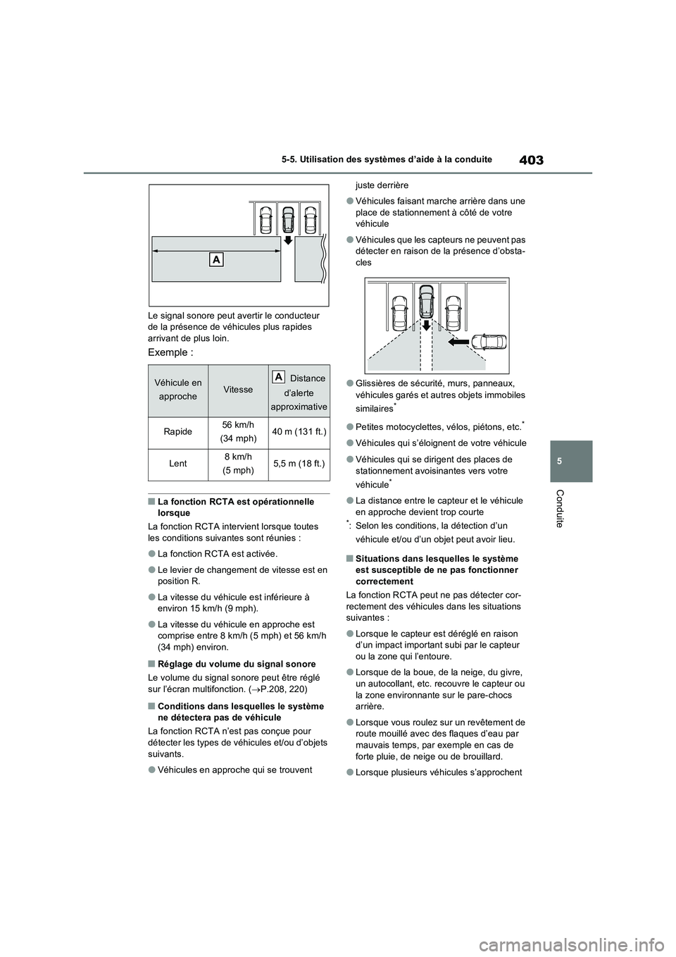 TOYOTA RAV4 PLUG-IN HYBRID 2023 Manuel du propriétaire (in French) 403
5 5-5. Utilisation des systèmes d’aide à la conduite
Conduite
Le signal sonore peut avertir le conducteur
de la présence de véhicules plus rapides
arrivant de plus loin.
Exemple :
■La fo TOYOTA RAV4 PLUG-IN HYBRID 2023 Manuel du propriétaire (in French) 403
5 5-5. Utilisation des systèmes d’aide à la conduite
Conduite
Le signal sonore peut avertir le conducteur
de la présence de véhicules plus rapides
arrivant de plus loin.
Exemple :
■La fo