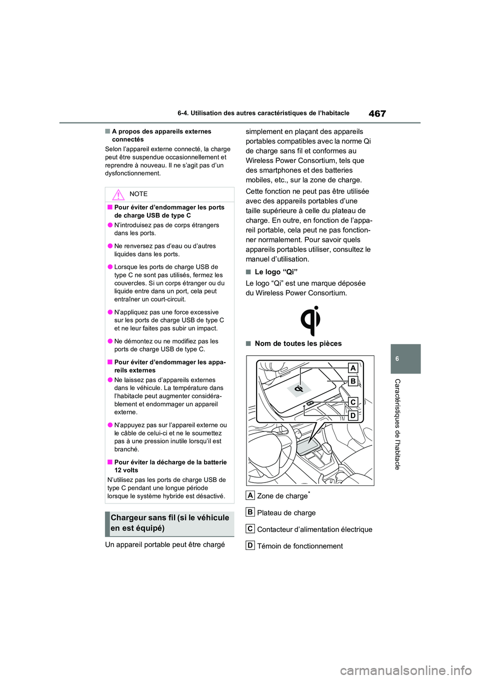 TOYOTA RAV4 PLUG-IN HYBRID 2023 Manuel du propriétaire (in French) 467
6
6-4. Utilisation des autres caractéristiques de l’habitacle
Caractéristiques de l’habitacle
■A propos des appareils externes connectés
Selon l’appareil exter ne connecté, la charg TOYOTA RAV4 PLUG-IN HYBRID 2023 Manuel du propriétaire (in French) 467
6
6-4. Utilisation des autres caractéristiques de l’habitacle
Caractéristiques de l’habitacle
■A propos des appareils externes connectés
Selon l’appareil exter ne connecté, la charg