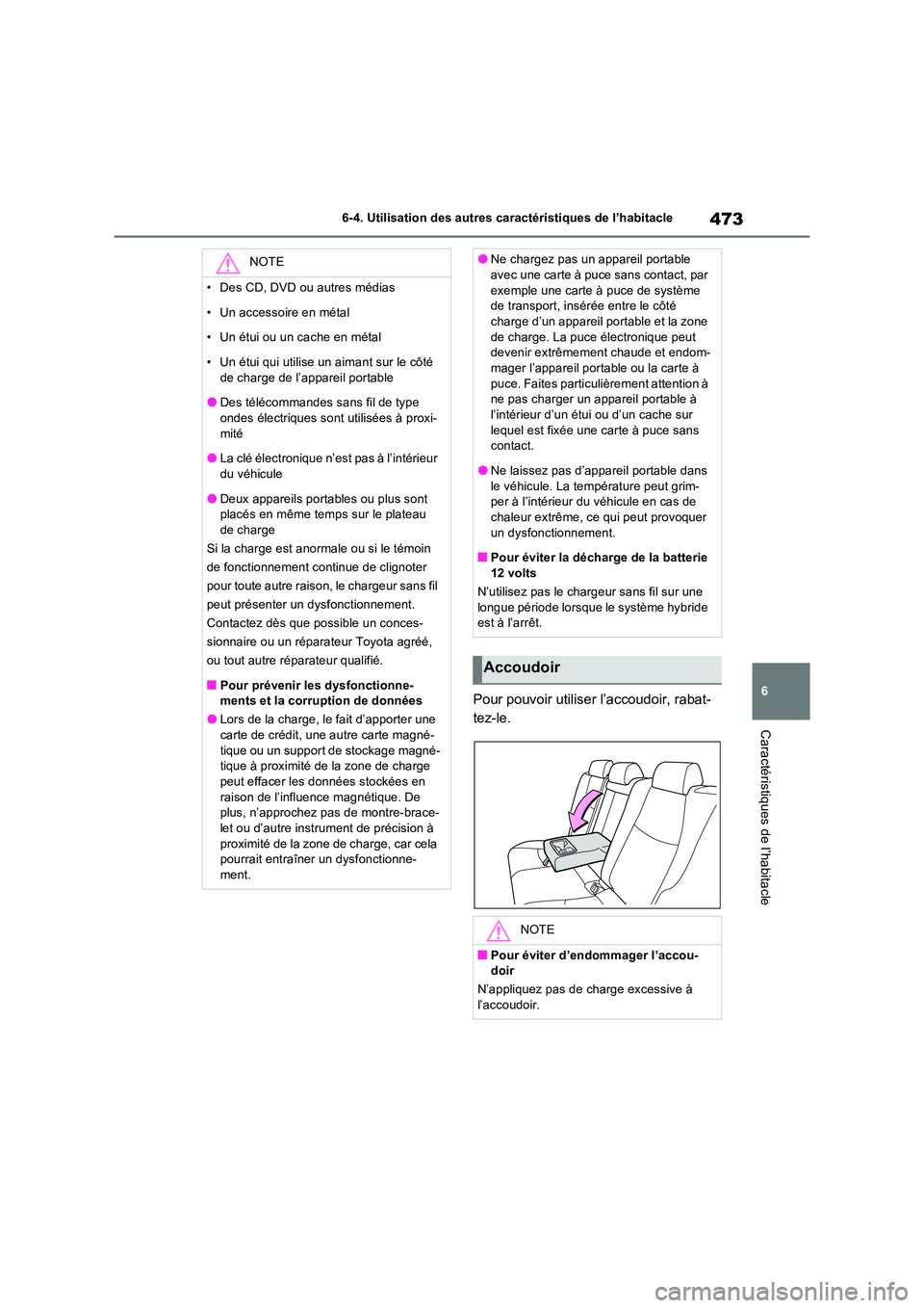 TOYOTA RAV4 PLUG-IN HYBRID 2023 Manuel du propriétaire (in French) 473
6
6-4. Utilisation des autres caractéristiques de l’habitacle
Caractéristiques de l’habitacle
Pour pouvoir utiliser l’accoudoir, rabat-
tez-le.
NOTE
• Des CD, DVD ou autres médias
TOYOTA RAV4 PLUG-IN HYBRID 2023 Manuel du propriétaire (in French) 473
6
6-4. Utilisation des autres caractéristiques de l’habitacle
Caractéristiques de l’habitacle
Pour pouvoir utiliser l’accoudoir, rabat-
tez-le.
NOTE
• Des CD, DVD ou autres médias