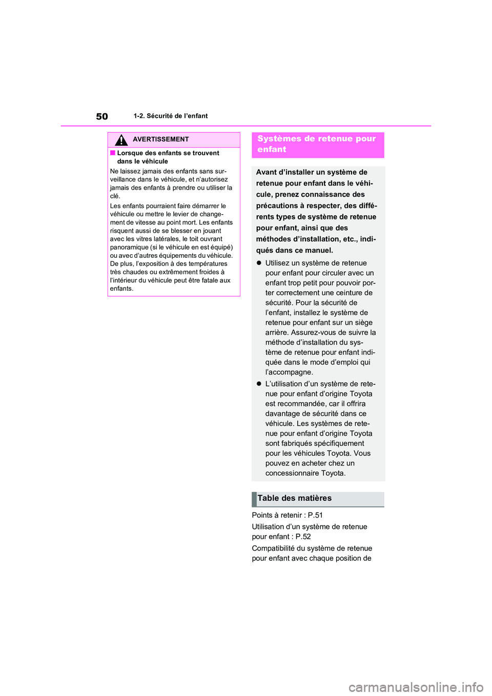 TOYOTA RAV4 PLUG-IN HYBRID 2023 Manuel du propriétaire (in French) 501-2. Sécurité de l’enfant
Points à retenir : P.51
Utilisation d’un système de retenue
pour enfant : P.52
Compatibilité du système de retenue
pour enfant avec chaque position de
AVER TOYOTA RAV4 PLUG-IN HYBRID 2023 Manuel du propriétaire (in French) 501-2. Sécurité de l’enfant
Points à retenir : P.51
Utilisation d’un système de retenue
pour enfant : P.52
Compatibilité du système de retenue
pour enfant avec chaque position de
AVER