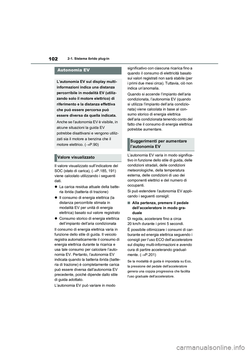TOYOTA RAV4 PLUG-IN HYBRID 2023 Manuale duso (in Italian) 1022-1. Sistema ibrido plug-in
Il valore visualizzato sull’indicatore del
SOC (stato di carica), (P.185, 191)
viene calcolato utilizzando i seguenti
dati.
La carica residua attuale della ba TOYOTA RAV4 PLUG-IN HYBRID 2023 Manuale duso (in Italian) 1022-1. Sistema ibrido plug-in
Il valore visualizzato sull’indicatore del
SOC (stato di carica), (P.185, 191)
viene calcolato utilizzando i seguenti
dati.
La carica residua attuale della ba