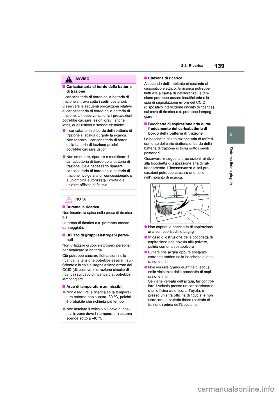 TOYOTA RAV4 PLUG-IN HYBRID 2023 Manuale duso (in Italian) 139
2
2-2. Ricarica
Sistema ibrido plug-in
AVVISO
■Caricabatteria di bordo della batteria
di trazione
Il caricabatteria di bordo della batteria di trazione si trova sotto i sedili posteriori. O TOYOTA RAV4 PLUG-IN HYBRID 2023 Manuale duso (in Italian) 139
2
2-2. Ricarica
Sistema ibrido plug-in
AVVISO
■Caricabatteria di bordo della batteria
di trazione
Il caricabatteria di bordo della batteria di trazione si trova sotto i sedili posteriori. O