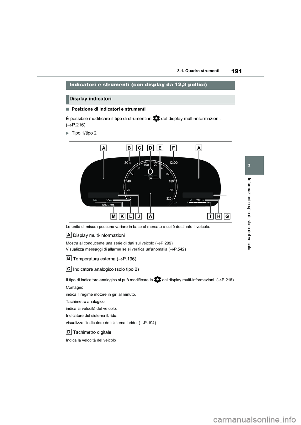 TOYOTA RAV4 PLUG-IN HYBRID 2023  Manuale duso (in Italian) 191
3 3-1. Quadro strumenti
Informazioni e spie di stato del veicolo
■Posizione di indicatori e strumenti
È possibile modificare il tipo di strumenti in   del display multi-informazioni. 
(P.216