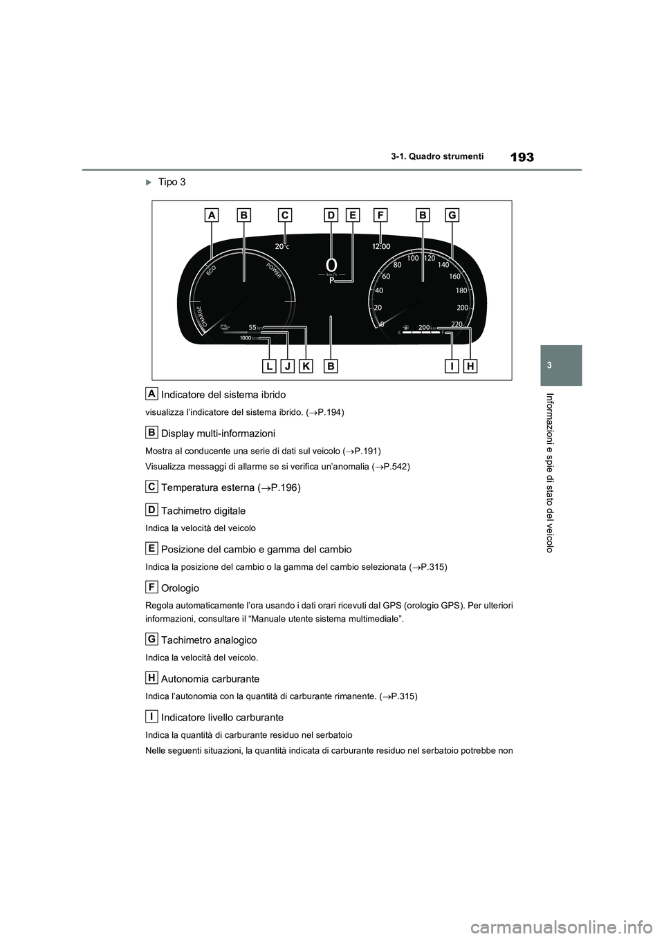 TOYOTA RAV4 PLUG-IN HYBRID 2023  Manuale duso (in Italian) 193
3 3-1. Quadro strumenti
Informazioni e spie di stato del veicolo
Tipo 3
Indicatore del sistema ibrido
visualizza l’indicatore del sistema ibrido. (P.194)
Display multi-informazioni
Mostra 