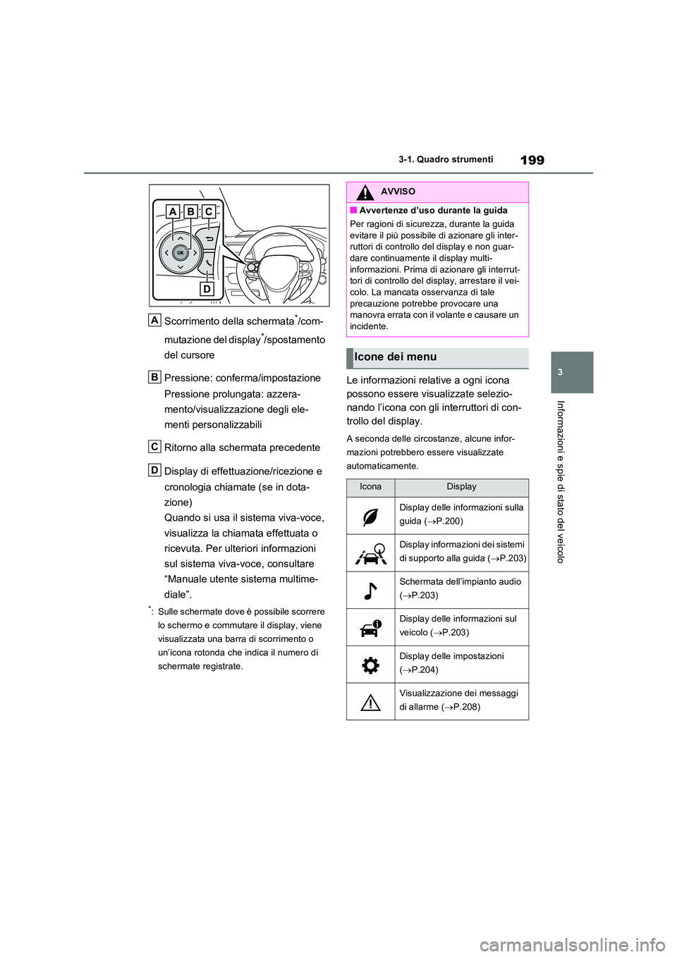 TOYOTA RAV4 PLUG-IN HYBRID 2023  Manuale duso (in Italian) 199
3 
3-1. Quadro strumenti
Informazioni e spie di stato del veicolo
Scorrimento della schermata*/com- 
mutazione del display*/spostamento  
del cursore 
Pressione: conferma/impostazione 
Pressione p