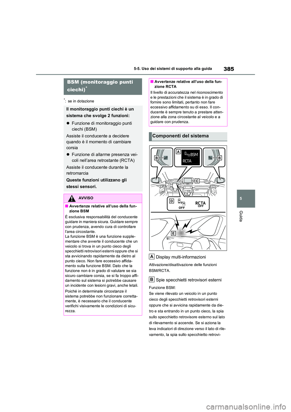TOYOTA RAV4 PLUG-IN HYBRID 2023 Manuale duso (in Italian) 385
5
5-5. Uso dei sistemi di supporto alla guida
Guida
*: se in dotazione
Display multi-informazioni
Attivazione/disattivazione delle funzioni
BSM/RCTA.
Spie specchietti retrovisori esterni
Funzio TOYOTA RAV4 PLUG-IN HYBRID 2023 Manuale duso (in Italian) 385
5
5-5. Uso dei sistemi di supporto alla guida
Guida
*: se in dotazione
Display multi-informazioni
Attivazione/disattivazione delle funzioni
BSM/RCTA.
Spie specchietti retrovisori esterni
Funzio