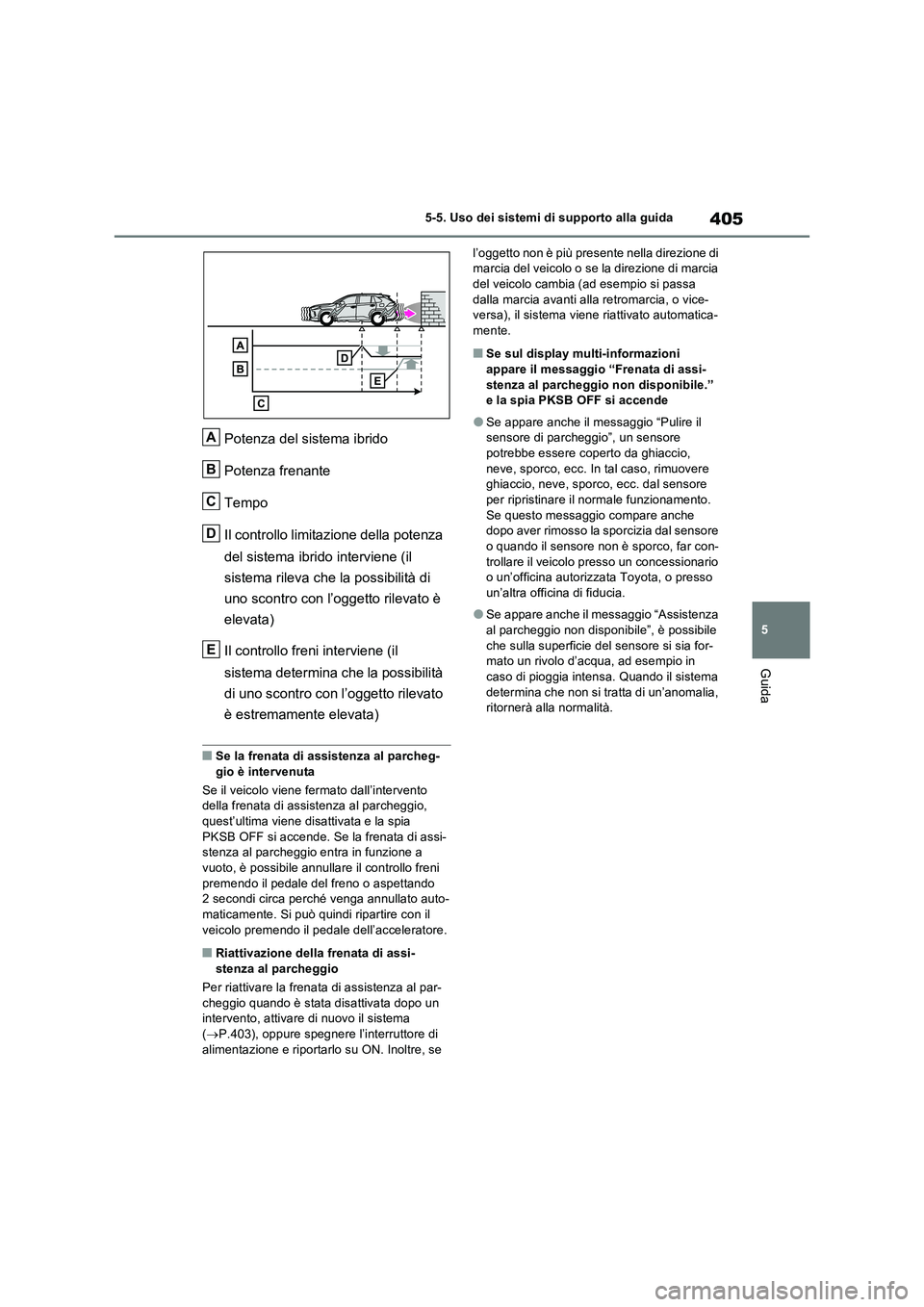 TOYOTA RAV4 PLUG-IN HYBRID 2023 Manuale duso (in Italian) 405
5 5-5. Uso dei sistemi di supporto alla guida
Guida
Potenza del sistema ibrido
Potenza frenante
Tempo
Il controllo limitazione della potenza
del sistema ibrido interviene (il
sistema rileva che TOYOTA RAV4 PLUG-IN HYBRID 2023 Manuale duso (in Italian) 405
5 5-5. Uso dei sistemi di supporto alla guida
Guida
Potenza del sistema ibrido
Potenza frenante
Tempo
Il controllo limitazione della potenza
del sistema ibrido interviene (il
sistema rileva che