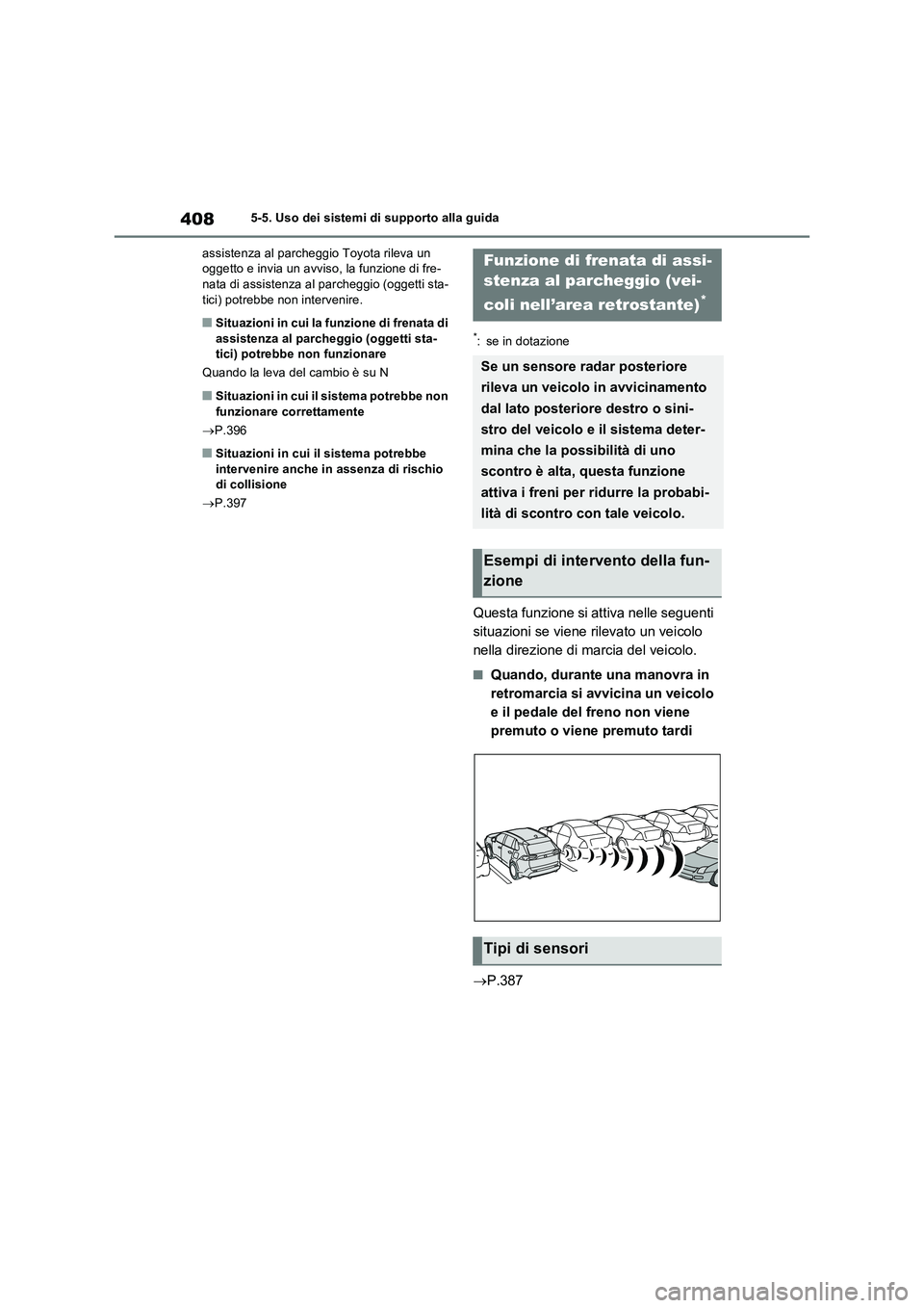 TOYOTA RAV4 PLUG-IN HYBRID 2023 Manuale duso (in Italian) 4085-5. Uso dei sistemi di supporto alla guida
assistenza al parcheggio Toyota rileva un
oggetto e invia un avviso, la funzione di fre-
nata di assistenza al parcheggio (oggetti sta-
tici) potrebbe n TOYOTA RAV4 PLUG-IN HYBRID 2023 Manuale duso (in Italian) 4085-5. Uso dei sistemi di supporto alla guida
assistenza al parcheggio Toyota rileva un
oggetto e invia un avviso, la funzione di fre-
nata di assistenza al parcheggio (oggetti sta-
tici) potrebbe n
