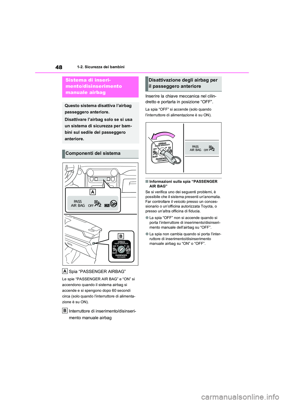 TOYOTA RAV4 PLUG-IN HYBRID 2023 Manuale duso (in Italian) 481-2. Sicurezza dei bambini
1-2.Sicure zza de i bambini
Spia “PASSENGER AIRBAG”
Le spie “PASSENGER AIR BAG” e “ON” si
accendono quando il sistema airbag si
accende e si spengono dopo TOYOTA RAV4 PLUG-IN HYBRID 2023 Manuale duso (in Italian) 481-2. Sicurezza dei bambini
1-2.Sicure zza de i bambini
Spia “PASSENGER AIRBAG”
Le spie “PASSENGER AIR BAG” e “ON” si
accendono quando il sistema airbag si
accende e si spengono dopo