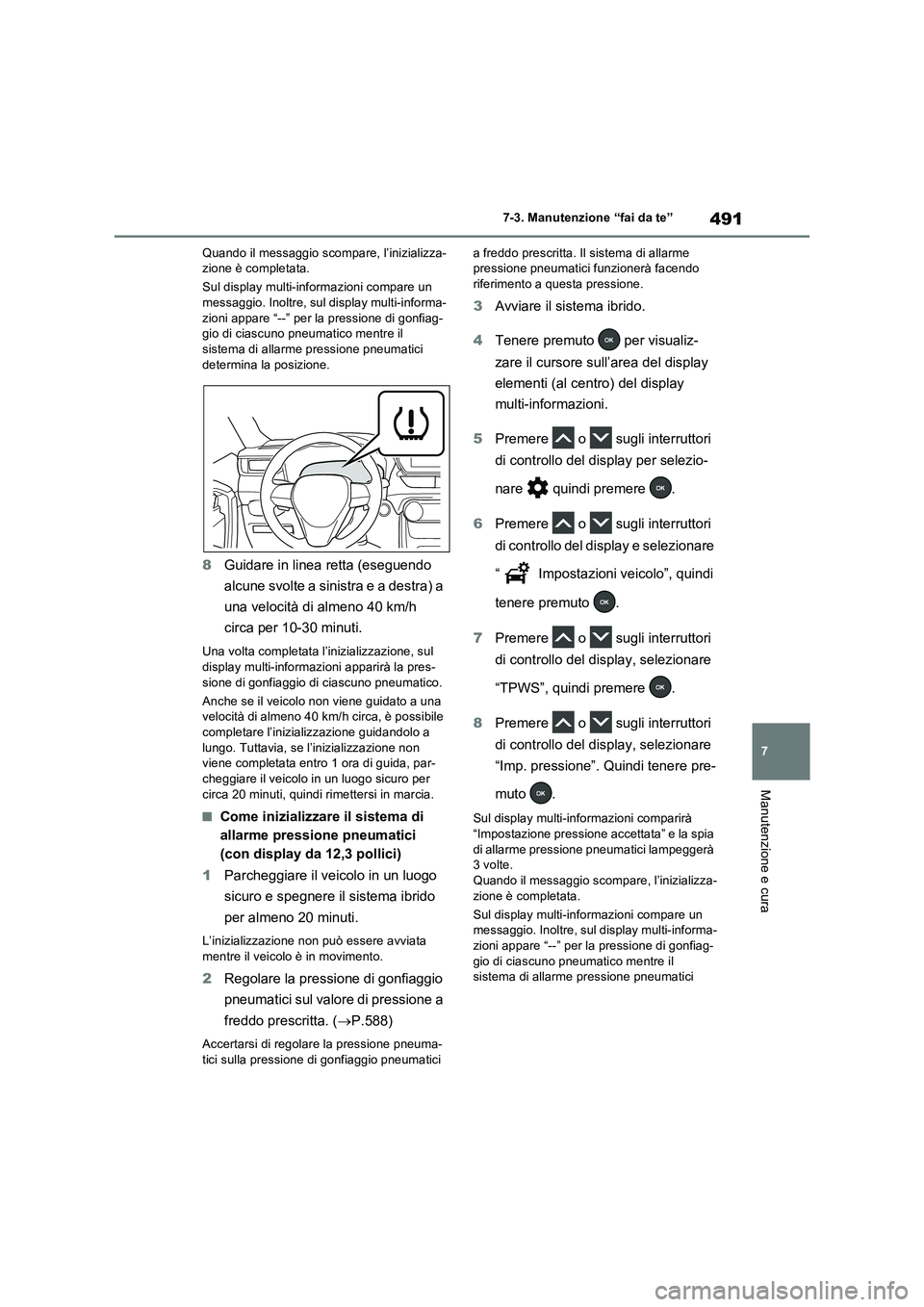 TOYOTA RAV4 PLUG-IN HYBRID 2023  Manuale duso (in Italian) 491
7 7-3. Manutenzione “fai da te”
Manutenzione e cura
Quando il messaggio scompare, l’inizializza-
zione è completata.
Sul display multi-informazioni compare un 
messaggio. Inoltre, sul displ