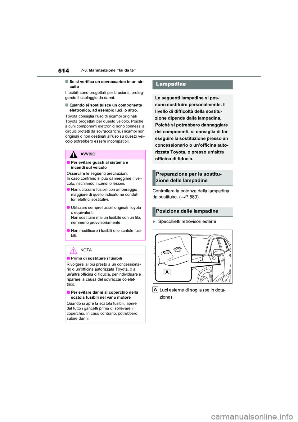 TOYOTA RAV4 PLUG-IN HYBRID 2023  Manuale duso (in Italian) 5147-3. Manutenzione “fai da te”
■Se si verifica un sovraccarico in un cir- cuito 
I fusibili sono progettati  per bruciarsi, proteg- gendo il cablaggio da danni.
■Quando si sostituisce un com
