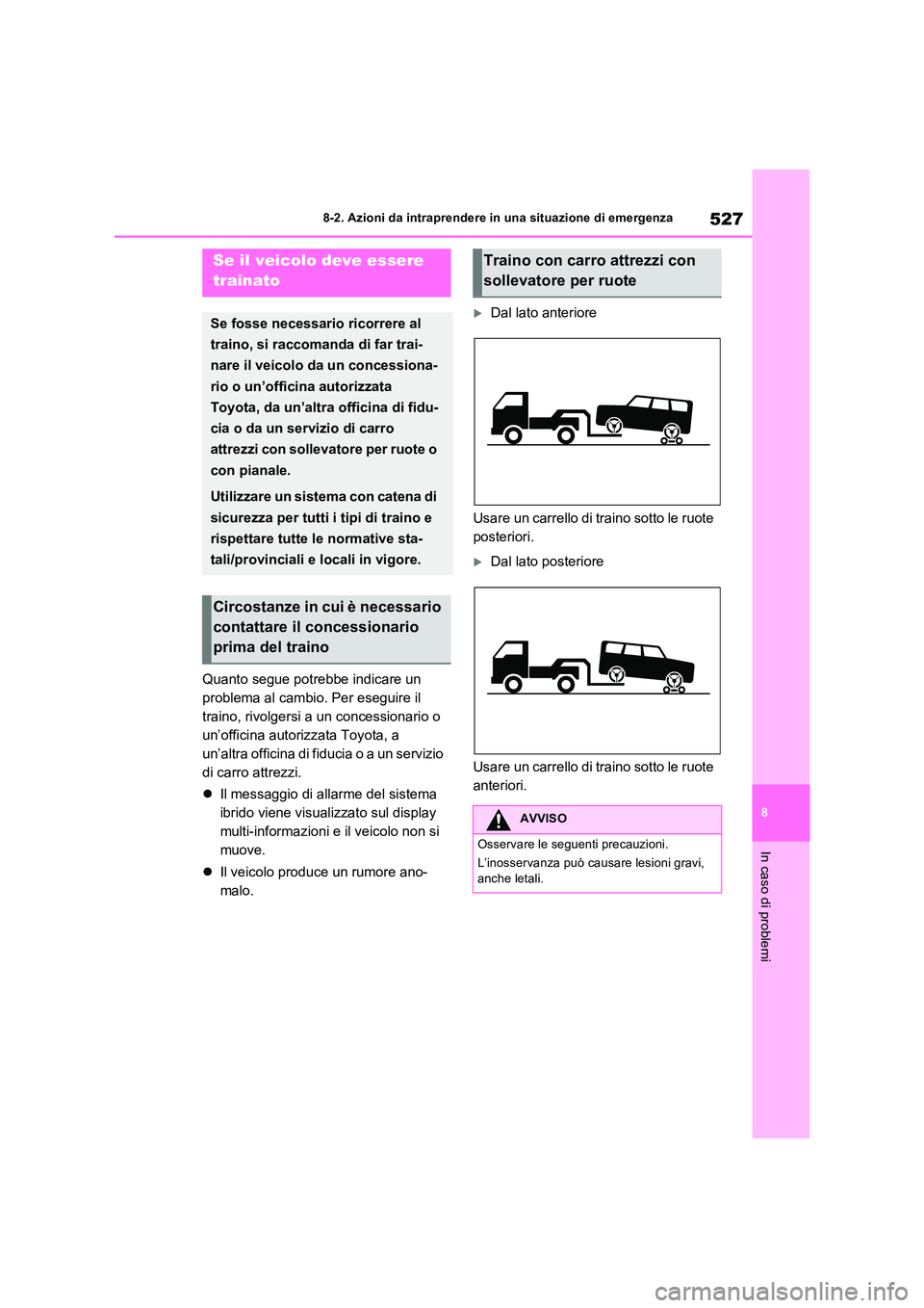 TOYOTA RAV4 PLUG-IN HYBRID 2023  Manuale duso (in Italian) 527
8 
8-2. Azioni da intraprendere in una situazione di emergenza
In caso di problemi
8-2.Azioni d a intra pren dere in  una  situazione  di  emergenza
Quanto segue potrebbe indicare un  
problema al