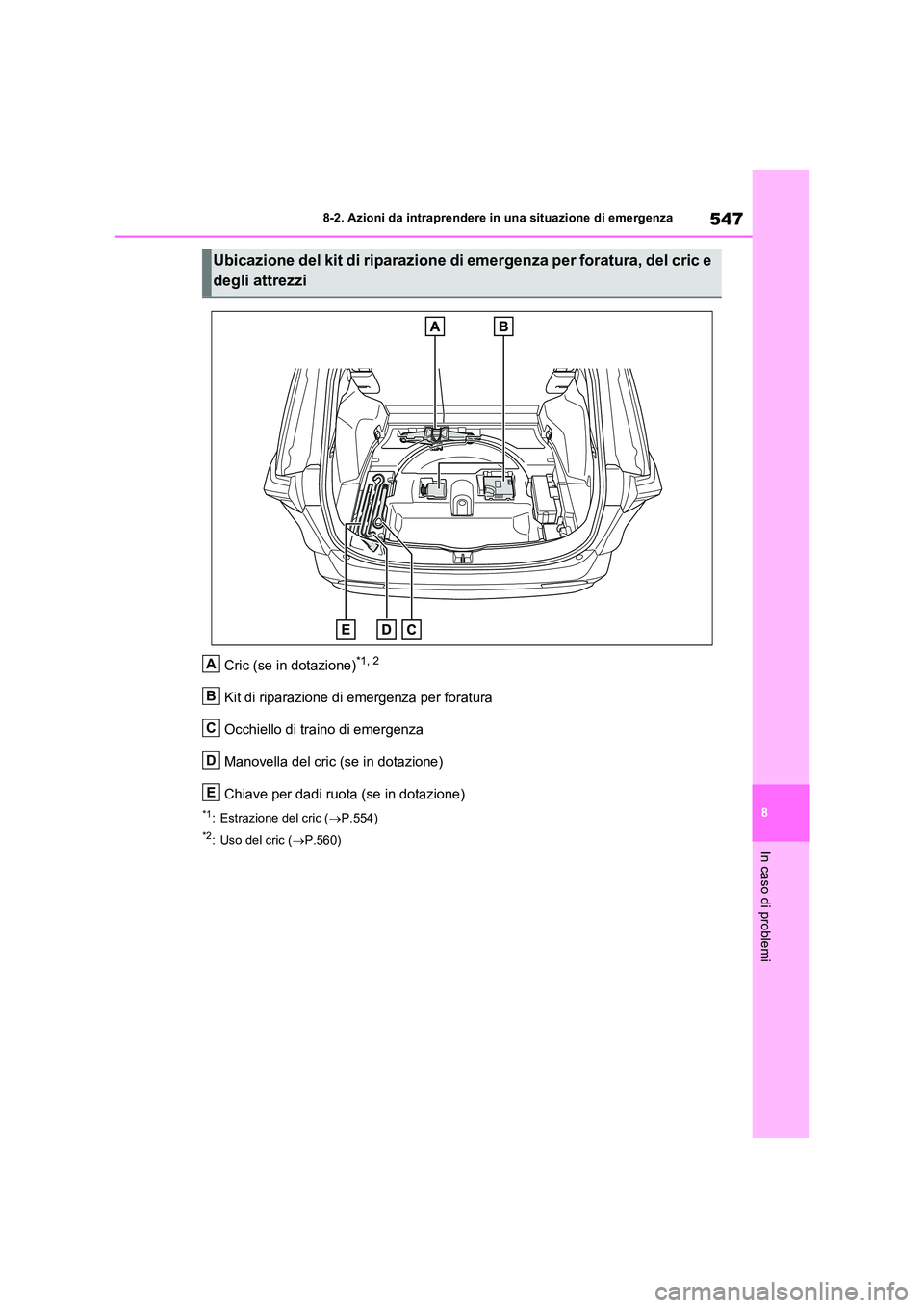 TOYOTA RAV4 PLUG-IN HYBRID 2023 Manuale duso (in Italian) 547
8
8-2. Azioni da intraprendere in una situazione di emergenza
In caso di problemi
Cric (se in dotazione)*1, 2
Kit di riparazione di emergenza per foratura
Occhiello di traino di emergenza
Manove TOYOTA RAV4 PLUG-IN HYBRID 2023 Manuale duso (in Italian) 547
8
8-2. Azioni da intraprendere in una situazione di emergenza
In caso di problemi
Cric (se in dotazione)*1, 2
Kit di riparazione di emergenza per foratura
Occhiello di traino di emergenza
Manove