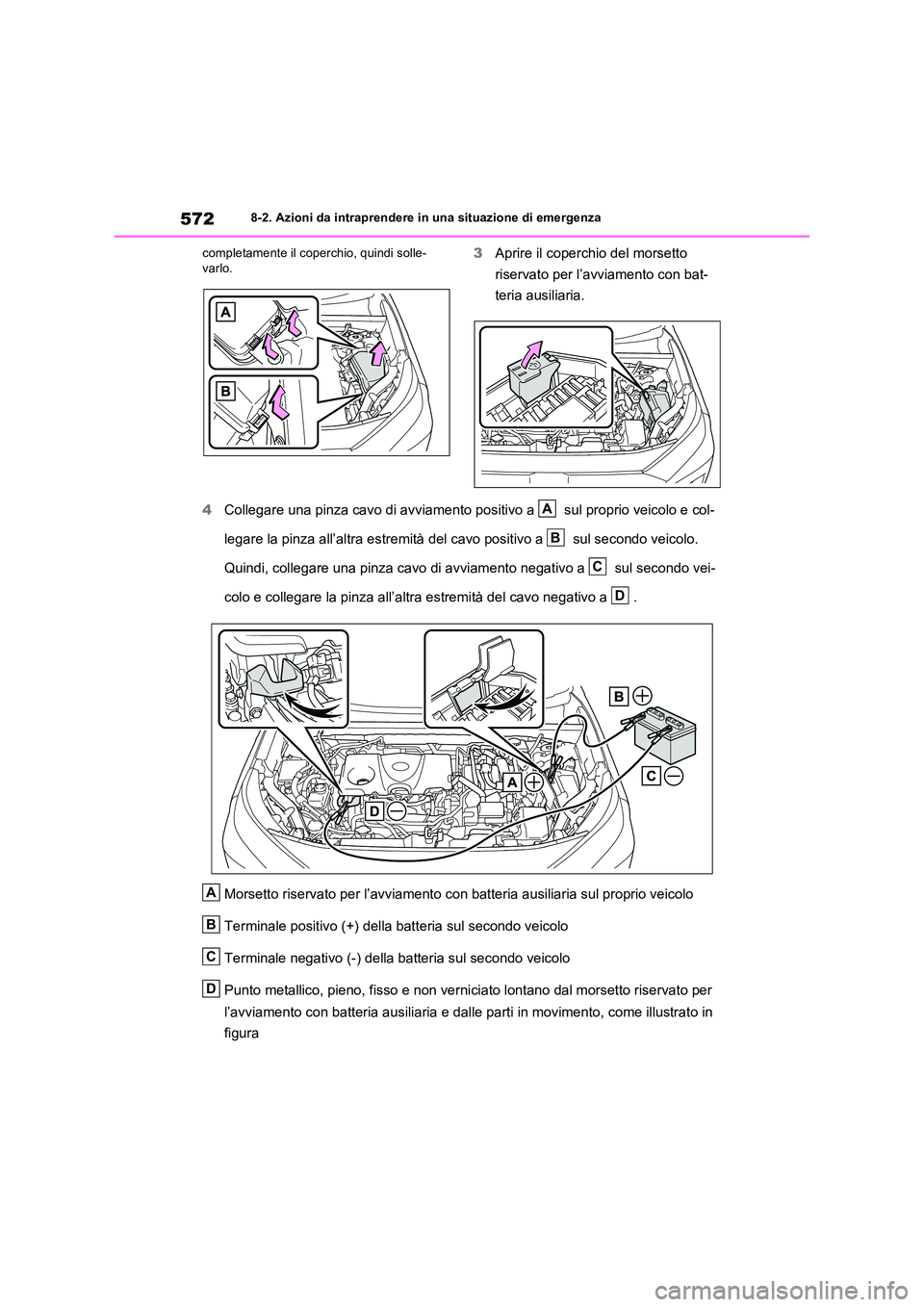 TOYOTA RAV4 PLUG-IN HYBRID 2023  Manuale duso (in Italian) 5728-2. Azioni da intraprendere in una situazione di emergenza 
completamente il coperchio, quindi solle- varlo.3 Aprire il coperchio del morsetto  
riservato per l’avviamento con bat- 
teria ausili