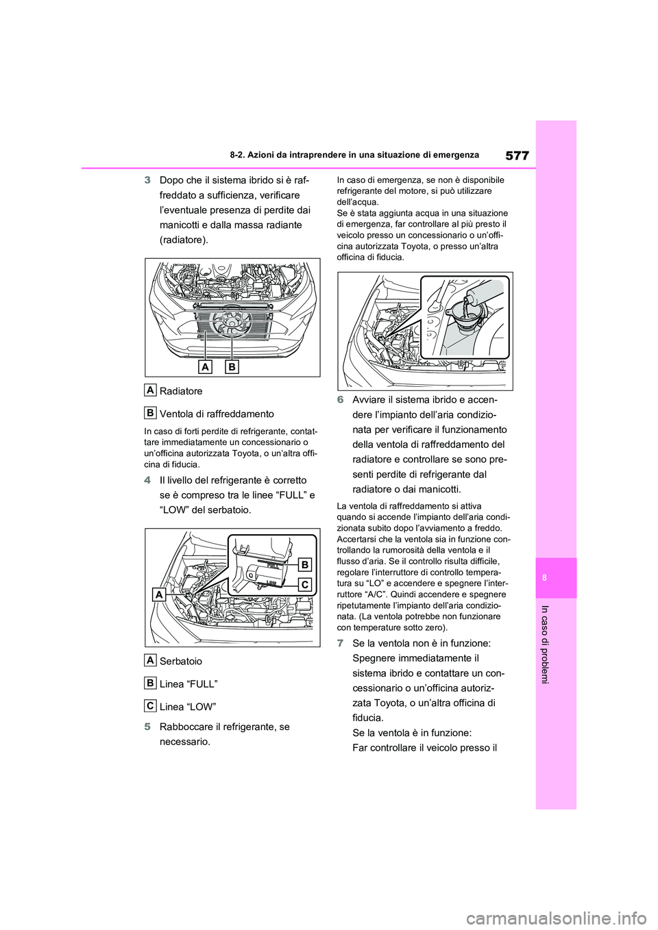 TOYOTA RAV4 PLUG-IN HYBRID 2023  Manuale duso (in Italian) 577
8 
8-2. Azioni da intraprendere in una situazione di emergenza
In caso di problemi
3 Dopo che il sistema ibrido si è raf- 
freddato a sufficienza, verificare  
l’eventuale presenza di perdite d