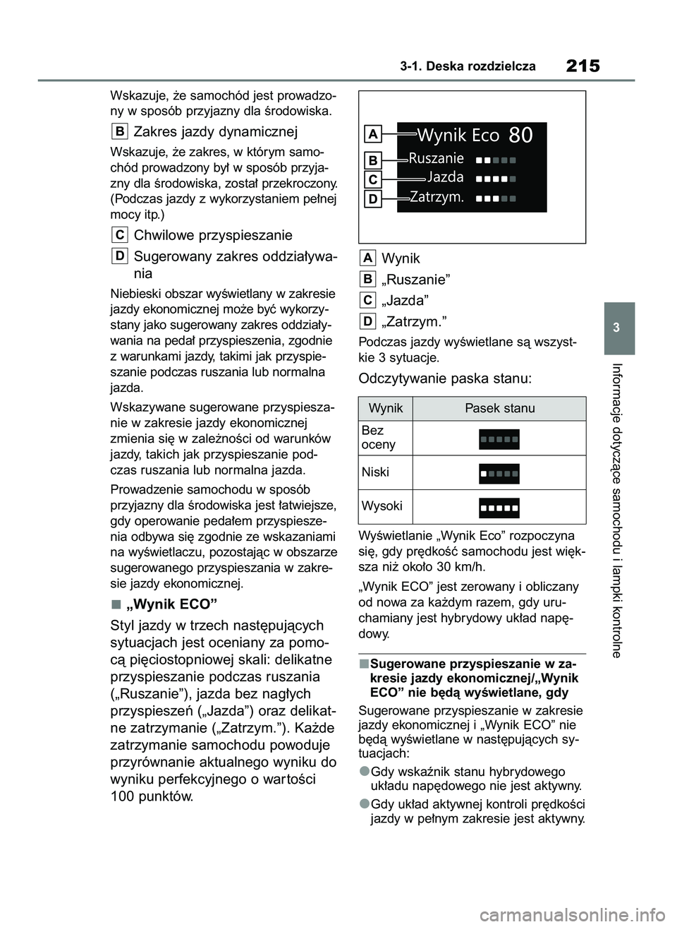 TOYOTA RAV4 PLUG-IN HYBRID 2023  Instrukcja obsługi (in Polish) Wskazuje, ˝e samochód jest prowadzo-
ny w sposób przyjazny dla Êrodowiska.
Zakres jazdy dynamicznej
Wskazuje, ˝e zakres, w którym samo-
chód prowadzony by∏ w sposób przyja-
zny dla Êrodowis
