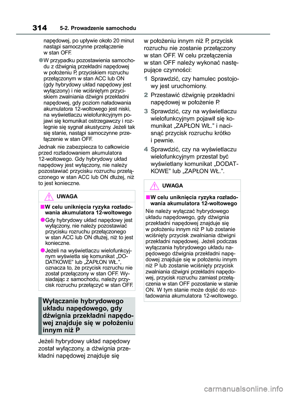 TOYOTA RAV4 PLUG-IN HYBRID 2023  Instrukcja obsługi (in Polish) nap´dowej, po up∏ywie oko∏o 20 minut
nastàpi samoczynne prze∏àczenie
w stan OFF.
W przypadku pozostawienia samocho-
du z dêwignià przek∏adni nap´dowej
w po∏o˝eniu P, przyciskiem rozru