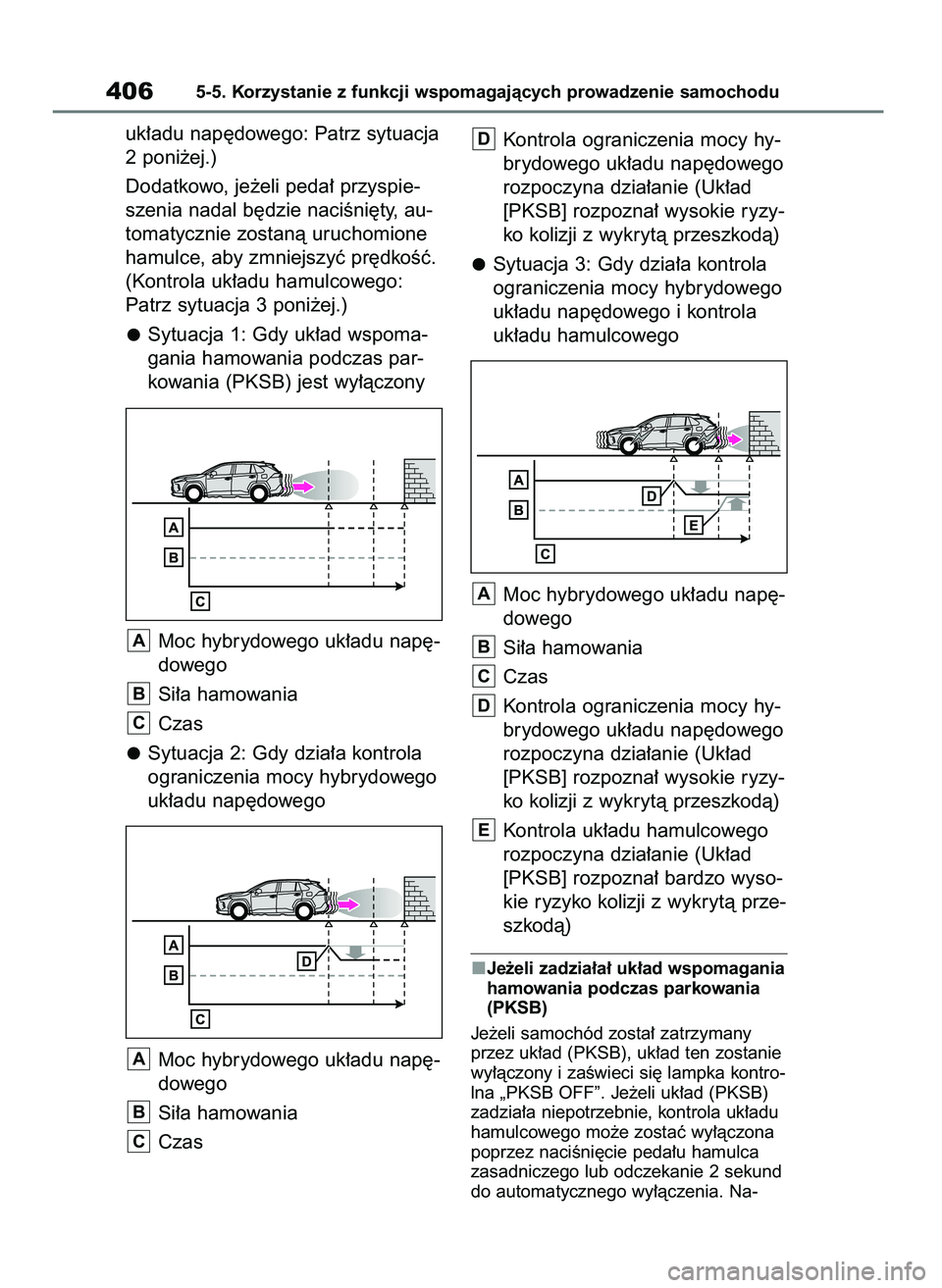 TOYOTA RAV4 PLUG-IN HYBRID 2023  Instrukcja obsługi (in Polish) uk∏adu nap´dowego: Patrz sytuacja
2 poni˝ej.)
Dodatkowo, je˝eli peda∏ przyspie-
szenia nadal b´dzie naciÊni´ty, au-
tomatycznie zostanà uruchomione
hamulce, aby zmniejszyç pr´dkoÊç.
(Ko