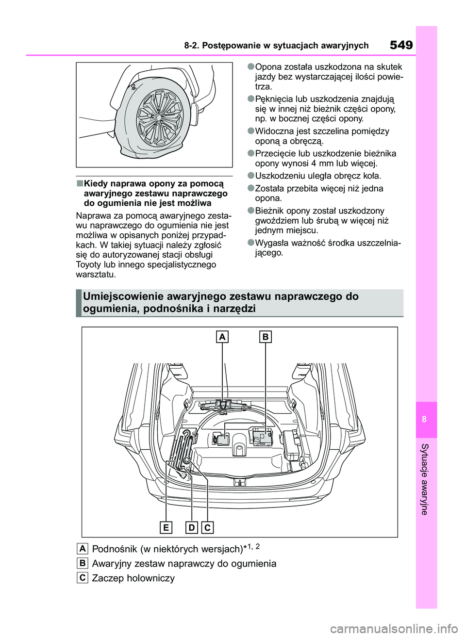 TOYOTA RAV4 PLUG-IN HYBRID 2023  Instrukcja obsługi (in Polish) Kiedy naprawa opony za pomocà
awaryjnego zestawu naprawczego
do ogumienia nie jest mo˝liwa
Naprawa za pomocà awaryjnego zesta-
wu naprawczego do ogumienia nie jest
mo˝liwa w opisanych poni˝ej prz