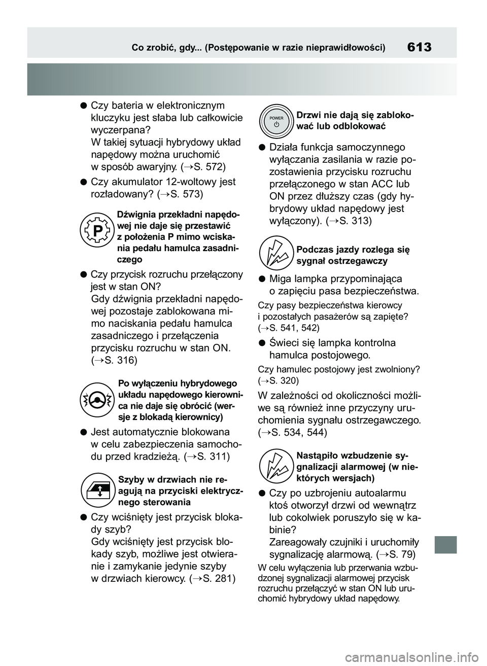 TOYOTA RAV4 PLUG-IN HYBRID 2023  Instrukcja obsługi (in Polish) Czy bateria w elektronicznym
kluczyku jest s∏aba lub ca∏kowicie
wyczerpana?
W takiej sytuacji hybrydowy uk∏ad
nap´dowy mo˝na uruchomiç
w sposób awaryjny. (
S. 572)
Czy akumulator 12-woltowy