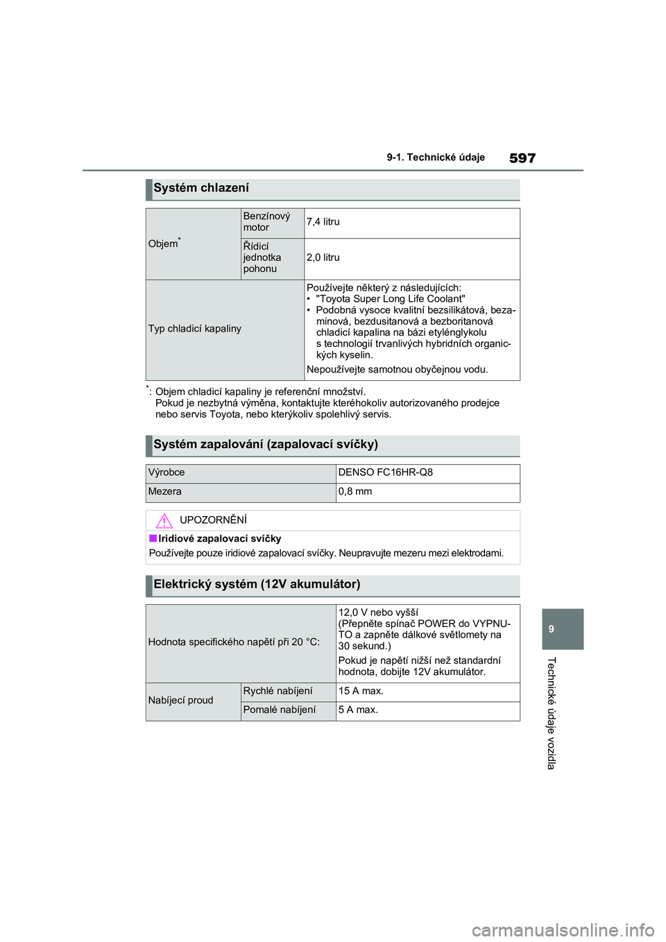 TOYOTA RAV4 PLUG-IN HYBRID 2023  Návod na použití (in Czech) 597
9 
9-1. Technické údaje
Technické údaje vozidla
*: Objem chladicí kapaliny je referenční množství. Pokud je nezbytná výměna, kontak tujte kteréhokoliv autorizovaného prodejce  
nebo 