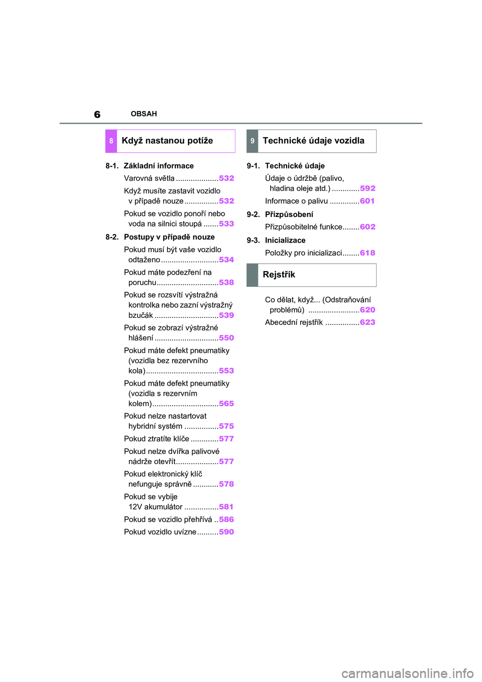 TOYOTA RAV4 PLUG-IN HYBRID 2023  Návod na použití (in Czech) 6OBSAH
8-1. Základní informace
Varovná světla ....................532
Když musíte zastavit vozidlo 
v případě nouze ................532
Pokud se vozidlo ponoří nebo 
voda na silnici stoupá