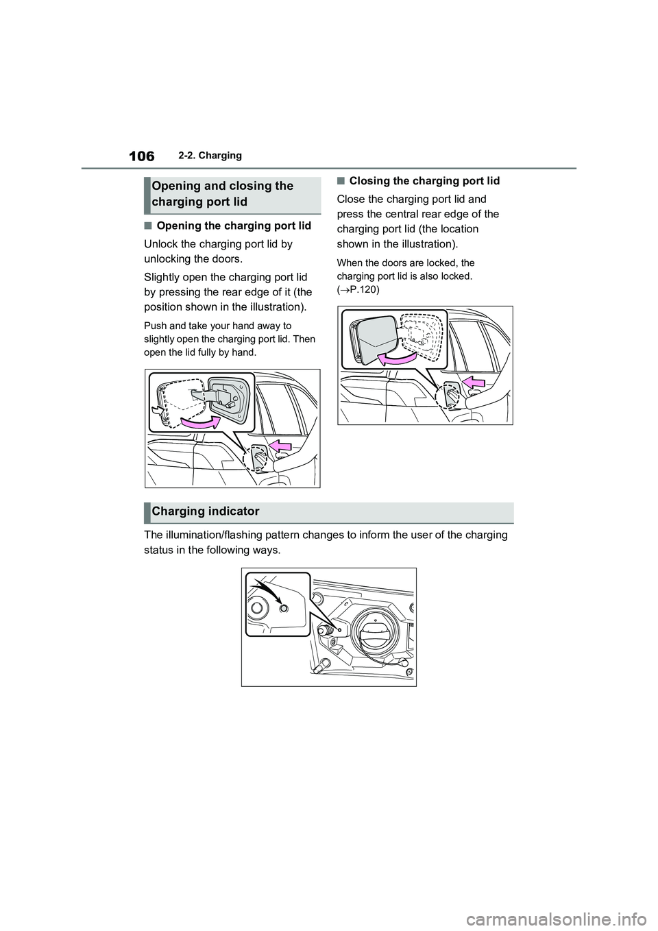 TOYOTA RAV4 PLUG-IN HYBRID 2022  Owners Manual 1062-2. Charging
�QOpening the charging port lid
Unlock the charging port lid by 
unlocking the doors. 
Slightly open the charging port lid 
by pressing the rear edge of it (the 
position shown in the