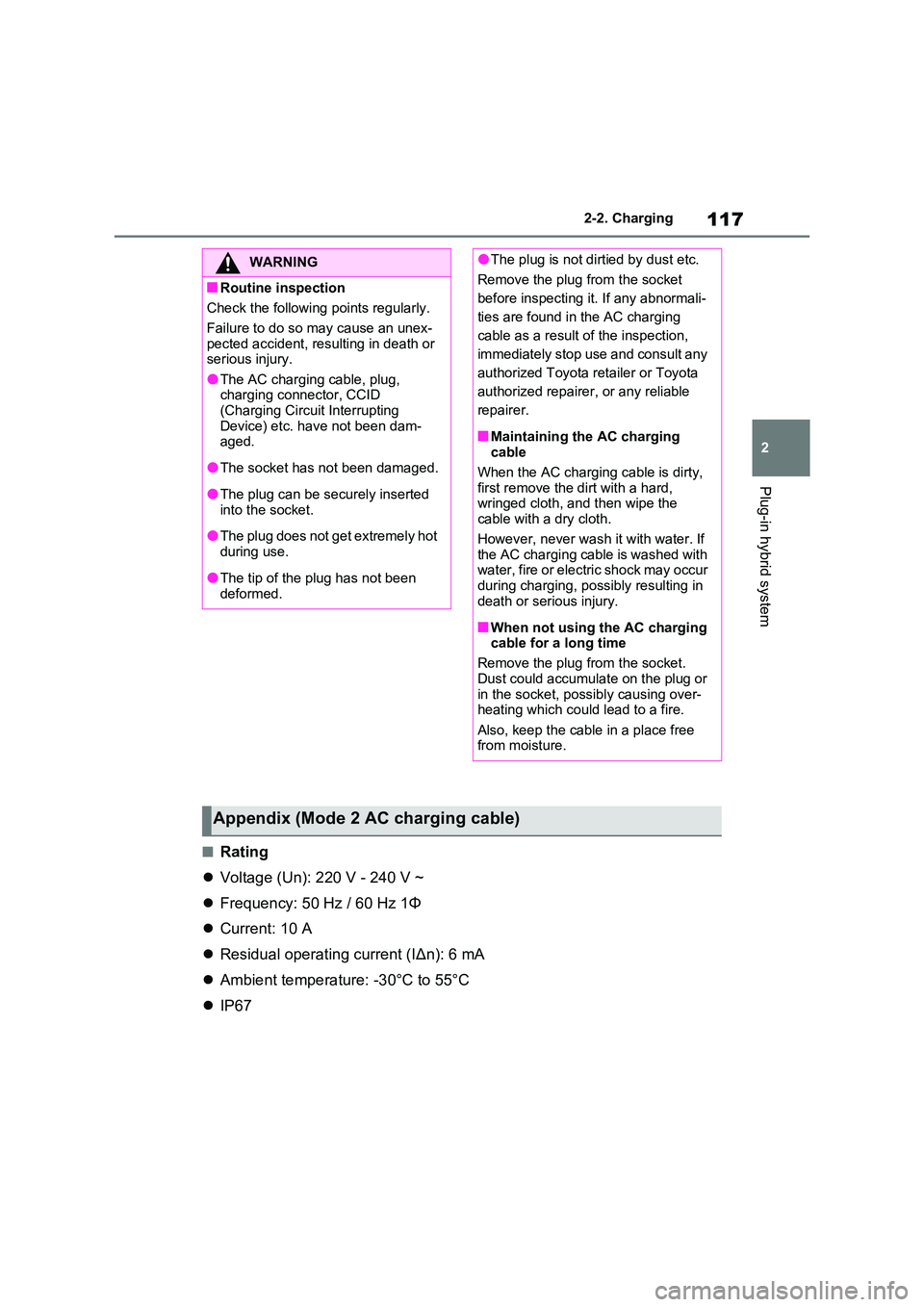 TOYOTA RAV4 PLUG-IN HYBRID 2022  Owners Manual 117
2 
2-2. Charging
Plug-in hybrid system
�QRating 
 Voltage (Un): 220 V - 240 V ~ 
 Frequency: 50 Hz / 60 Hz 1Φ 
 Current: 10 A 
 Residual operating current (IΔn): 6 mA 
 Ambient te