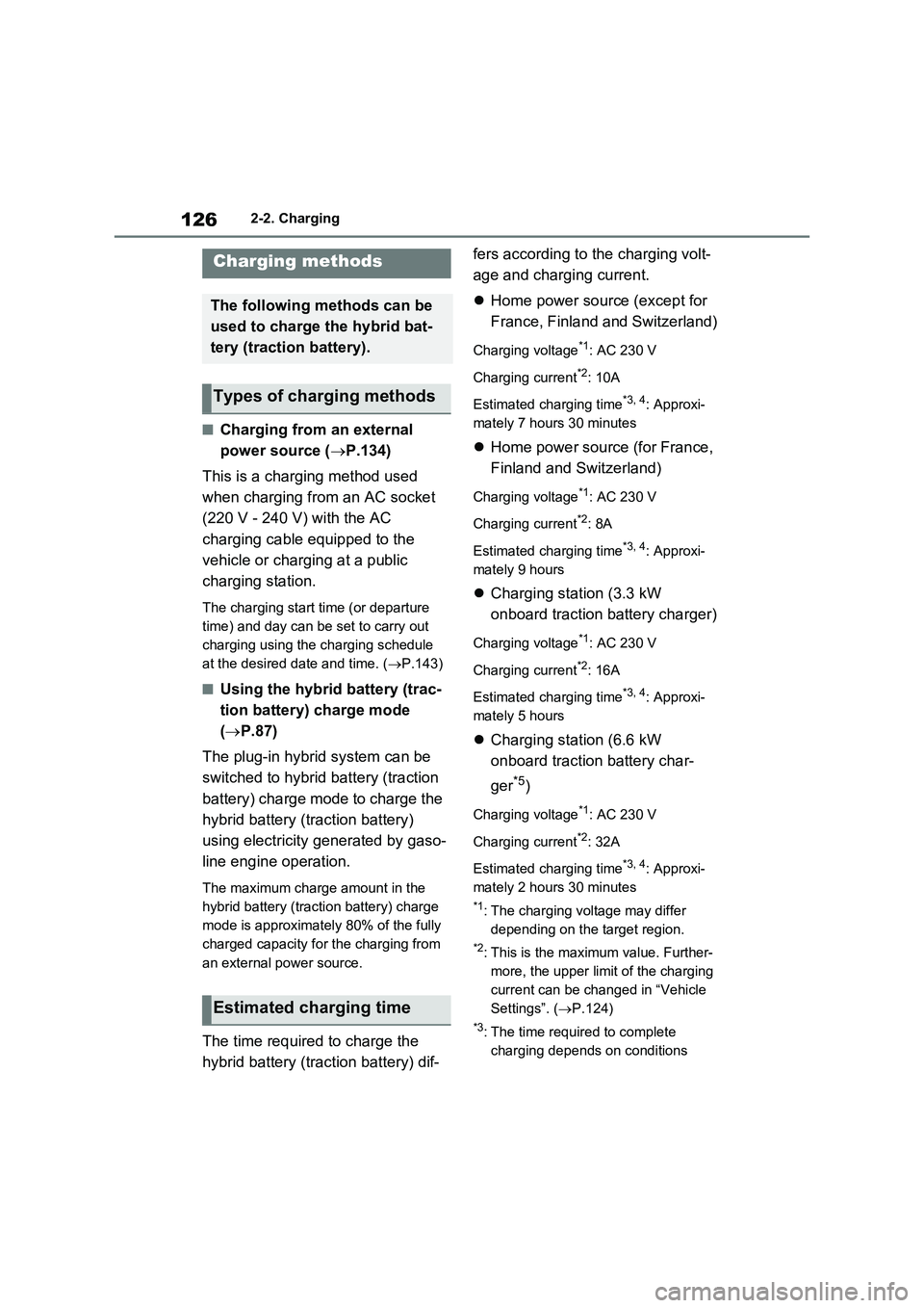 TOYOTA RAV4 PLUG-IN HYBRID 2022  Owners Manual 1262-2. Charging
�QCharging from an external 
power source (P.134)
This is a charging method used 
when charging from an AC socket 
(220 V - 240 V) with the AC 
charging cable equipped to the 
vehi
