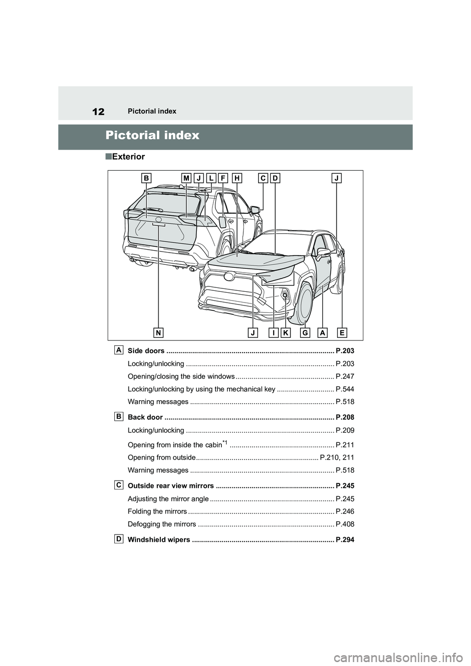 TOYOTA RAV4 PLUG-IN HYBRID 2022 User Guide 12Pictorial index
Pictorial index
�QExterior
Side doors ..................................................................................... P.203 
Locking/unlocking .................................
