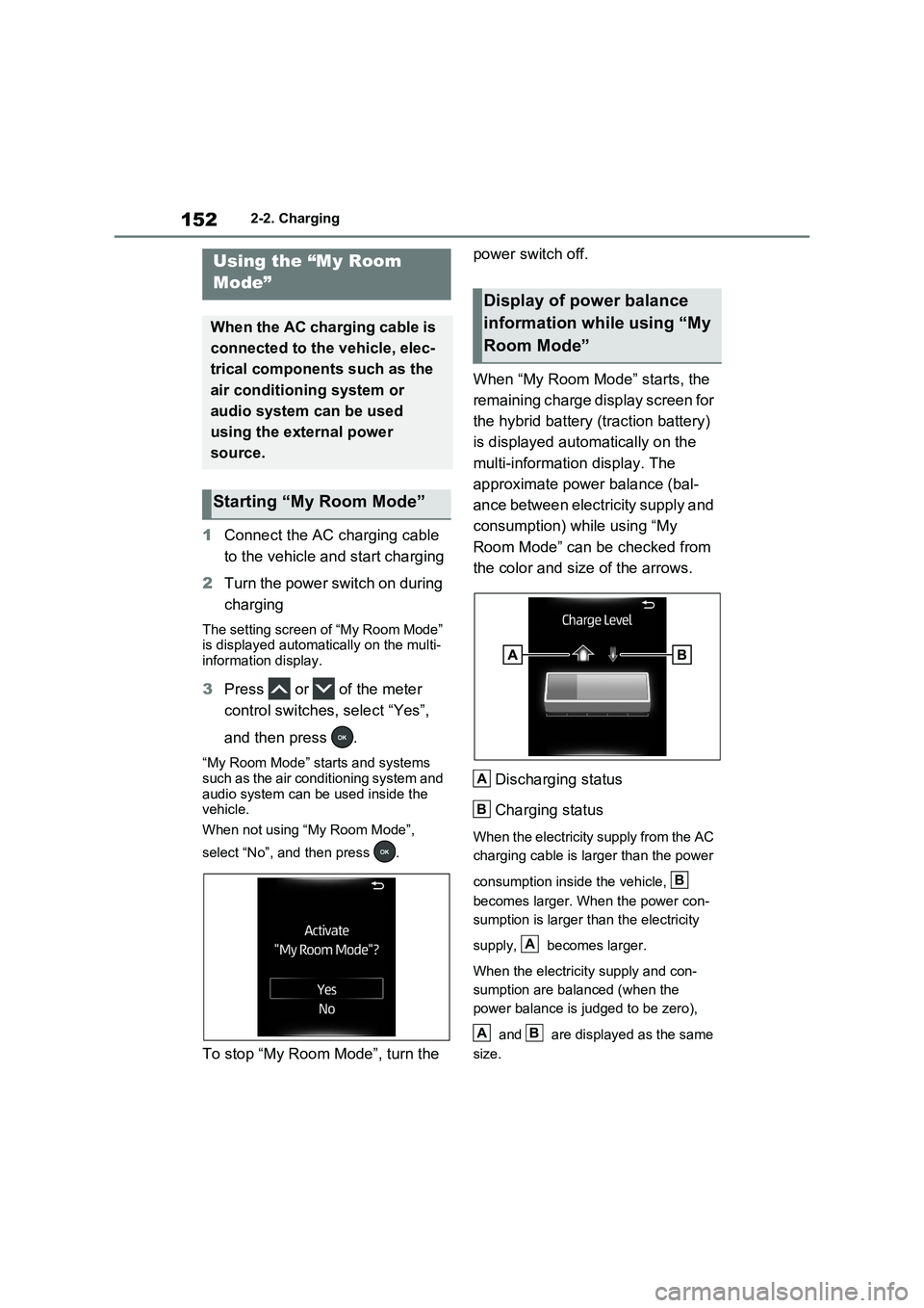TOYOTA RAV4 PLUG-IN HYBRID 2022  Owners Manual 1522-2. Charging
1Connect the AC charging cable 
to the vehicle and start charging
2Turn the power switch on during 
charging
The setting screen of “My Room Mode” 
is displayed automatically on th