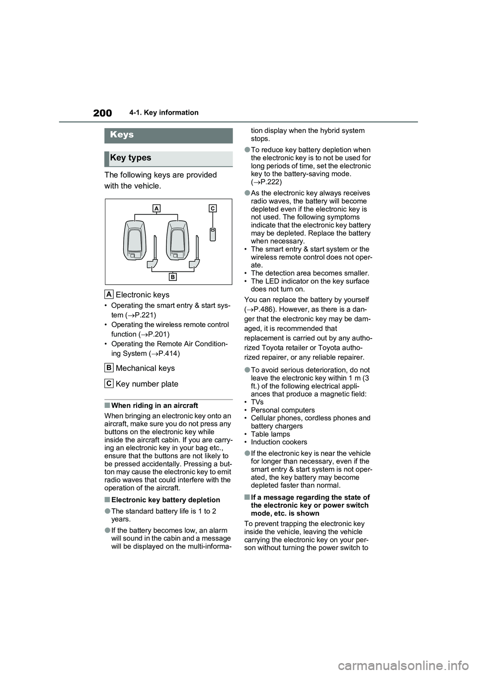 TOYOTA RAV4 PLUG-IN HYBRID 2022 Owners Manual 2004-1. Key information
4-1.Key info rmation
The following keys are provided
with the vehicle.
Electronic keys
• Operating the smart entry & start sys-
tem ( P.221)
• Operating the wireles TOYOTA RAV4 PLUG-IN HYBRID 2022 Owners Manual 2004-1. Key information
4-1.Key info rmation
The following keys are provided
with the vehicle.
Electronic keys
• Operating the smart entry & start sys-
tem ( P.221)
• Operating the wireles