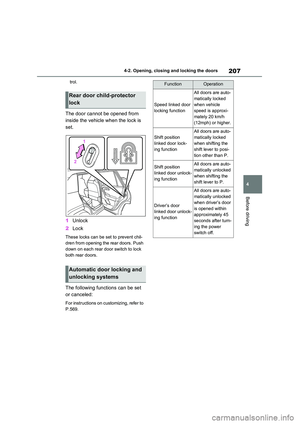 TOYOTA RAV4 PLUG-IN HYBRID 2022  Owners Manual 207
4 
4-2. Opening, closing and locking the doors
Before driving
trol.
The door cannot be opened from  
inside the vehicle when the lock is  
set. 
1 Unlock 
2 Lock
These locks can be set to prevent 