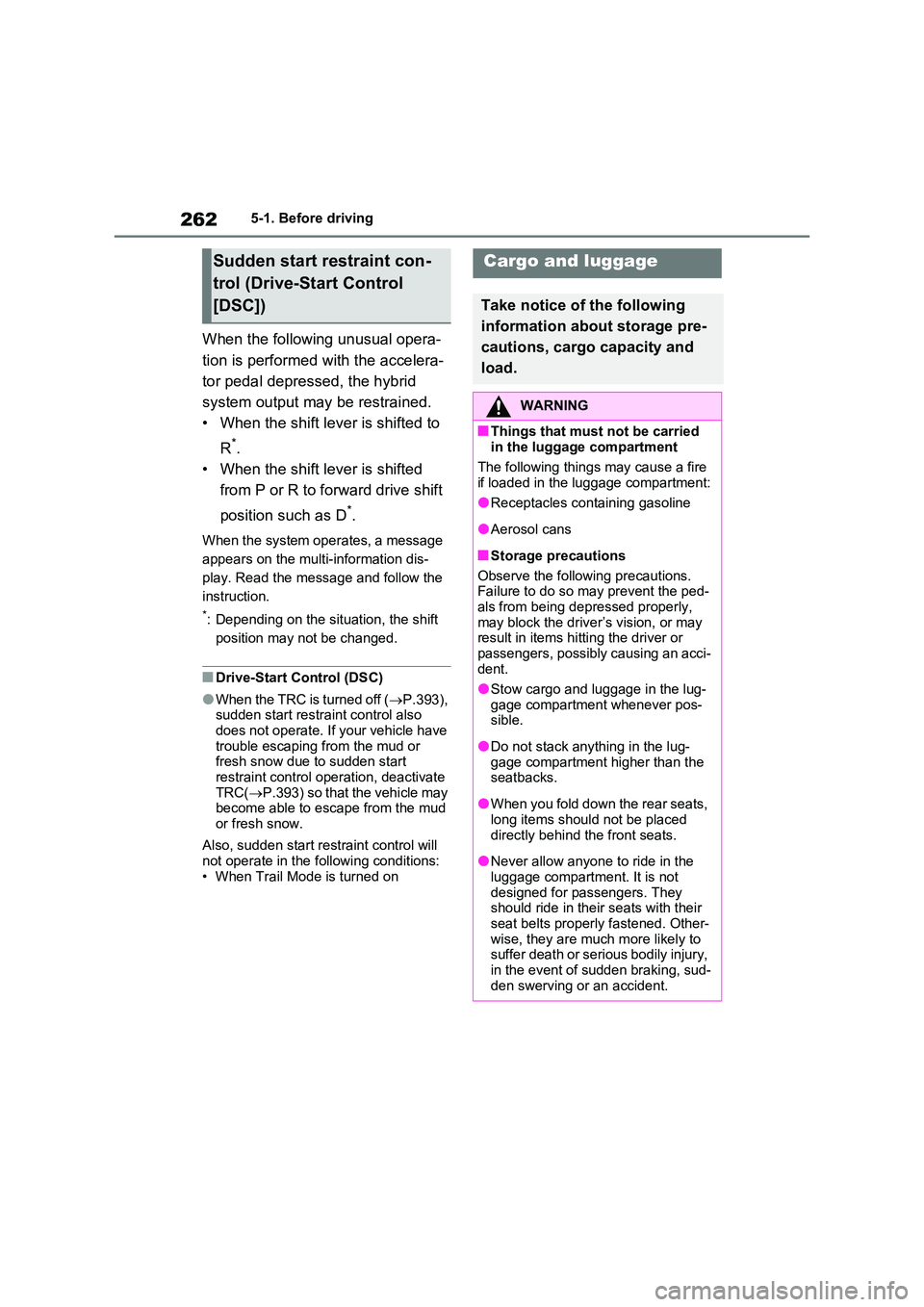 TOYOTA RAV4 PLUG-IN HYBRID 2022  Owners Manual 2625-1. Before driving
When the following unusual opera- 
tion is performed with the accelera- 
tor pedal depressed, the hybrid  
system output may be restrained. 
• When the shift lever is shifted 