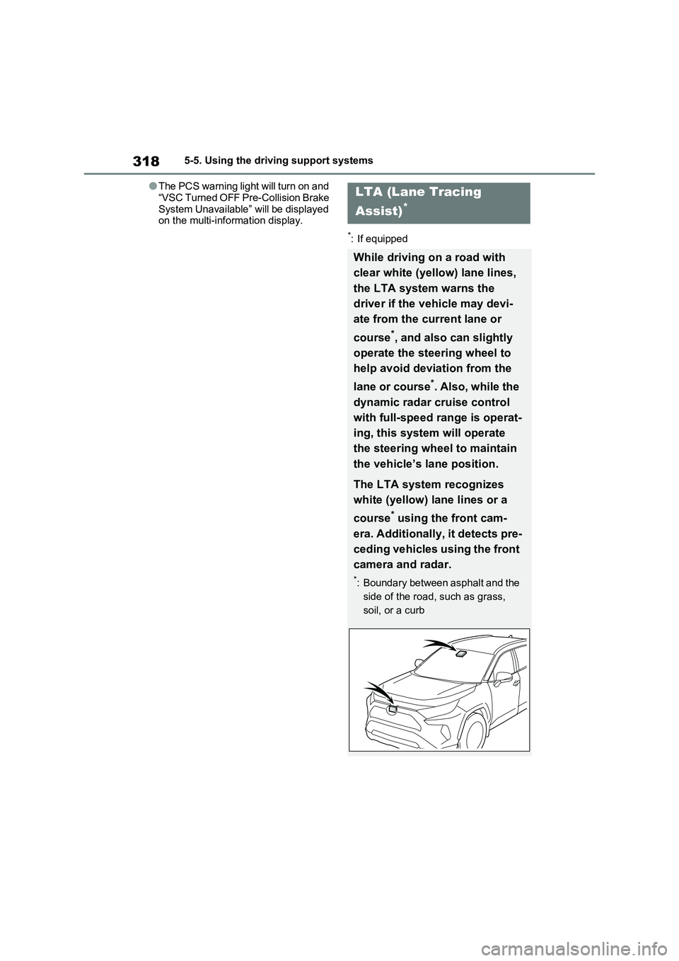 TOYOTA RAV4 PLUG-IN HYBRID 2022  Owners Manual 3185-5. Using the driving support systems
�OThe PCS warning light will turn on and 
“VSC Turned OFF Pre-Collision Brake 
System Unavailable” will be displayed 
on the multi-information display.
*: