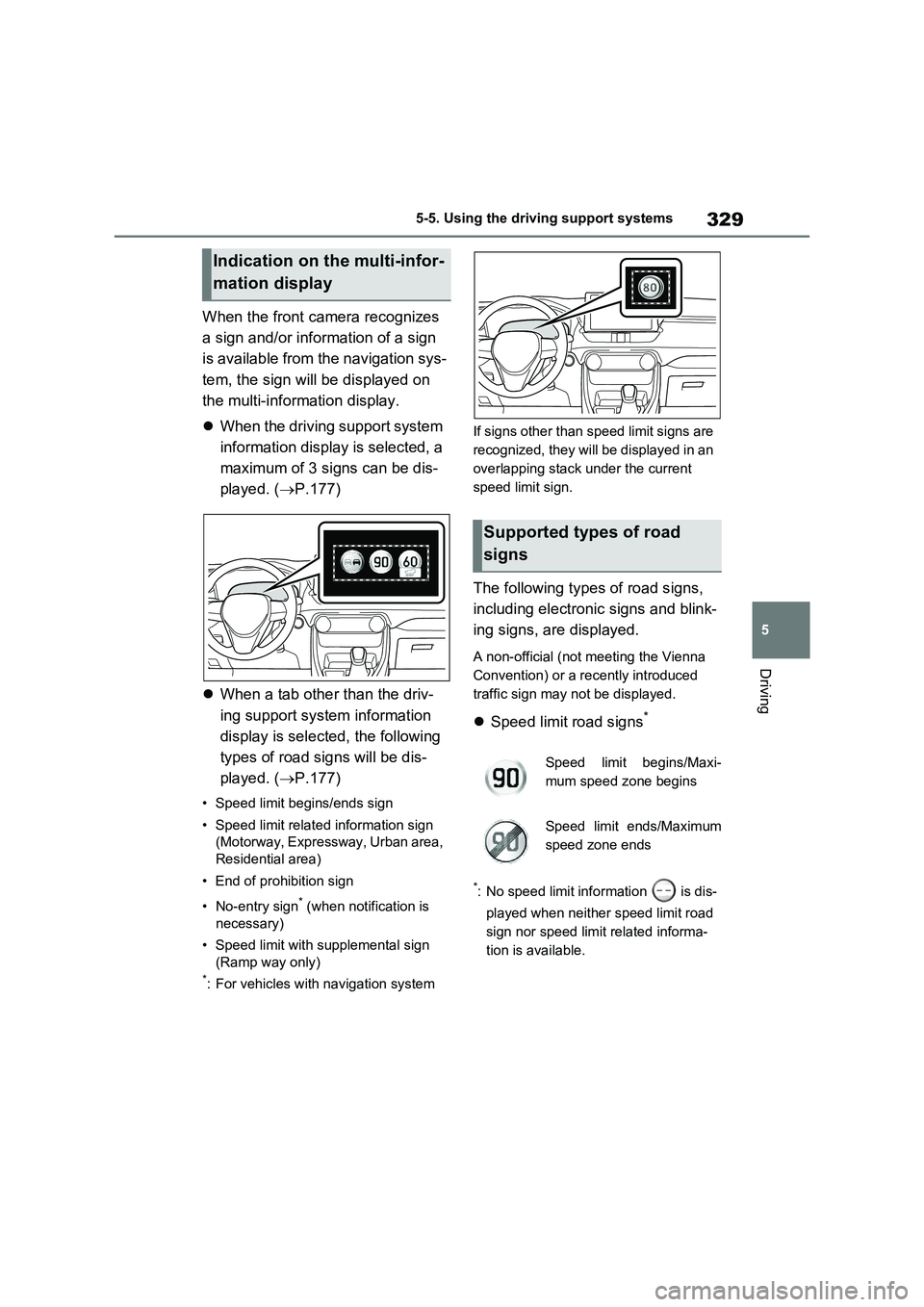 TOYOTA RAV4 PLUG-IN HYBRID 2022  Owners Manual 329
5 5-5. Using the driving support systems
Driving
When the front camera recognizes 
a sign and/or information of a sign 
is available from the navigation sys-
tem, the sign will be displayed on 
th