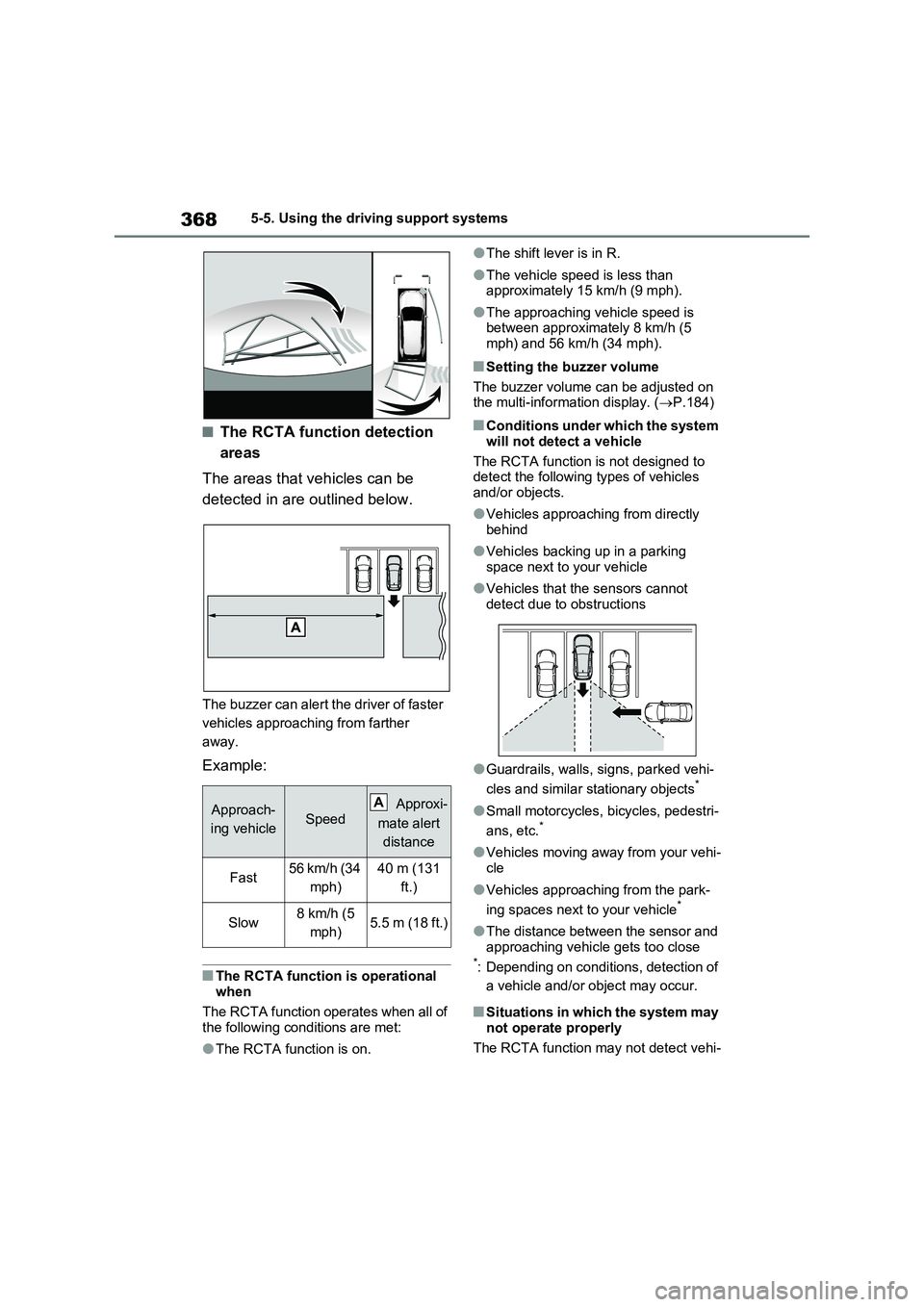 TOYOTA RAV4 PLUG-IN HYBRID 2022 Workshop Manual 3685-5. Using the driving support systems
�QThe RCTA function detection 
areas
The areas that vehicles can be 
detected in are outlined below.
The buzzer can alert the driver of faster 
vehicles appro