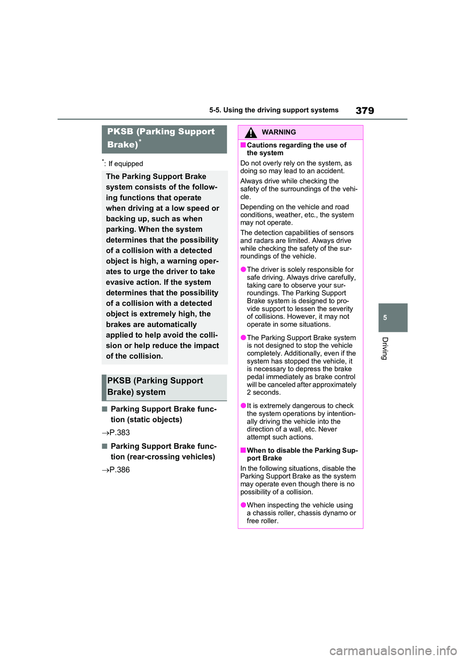 TOYOTA RAV4 PLUG-IN HYBRID 2022 Repair Manual 379
5 
5-5. Using the driving support systems
Driving
*: If equipped
�QParking Support Brake func- 
tion (static objects) 
 P.383
�QParking Support Brake func- 
tion (rear-crossing vehicles) 
 P
