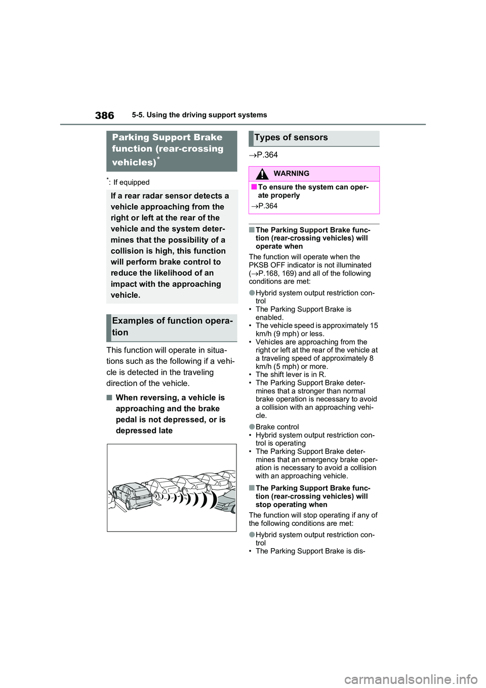 TOYOTA RAV4 PLUG-IN HYBRID 2022 Repair Manual 3865-5. Using the driving support systems
*: If equipped
This function will operate in situa- 
tions such as the following if a vehi- 
cle is detected in the traveling  
direction of the vehicle.
�QWh
