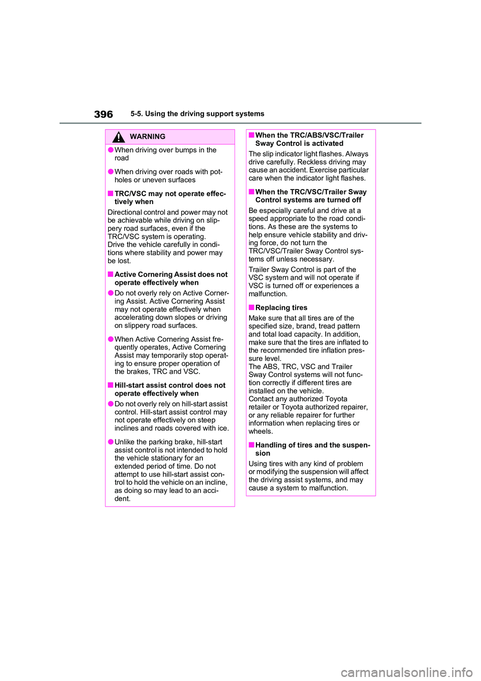 TOYOTA RAV4 PLUG-IN HYBRID 2022  Owners Manual 3965-5. Using the driving support systems
WARNING
�OWhen driving over bumps in the  road
�OWhen driving over roads with pot-holes or uneven surfaces
�QTRC/VSC may not operate effec-tively when 
Direct