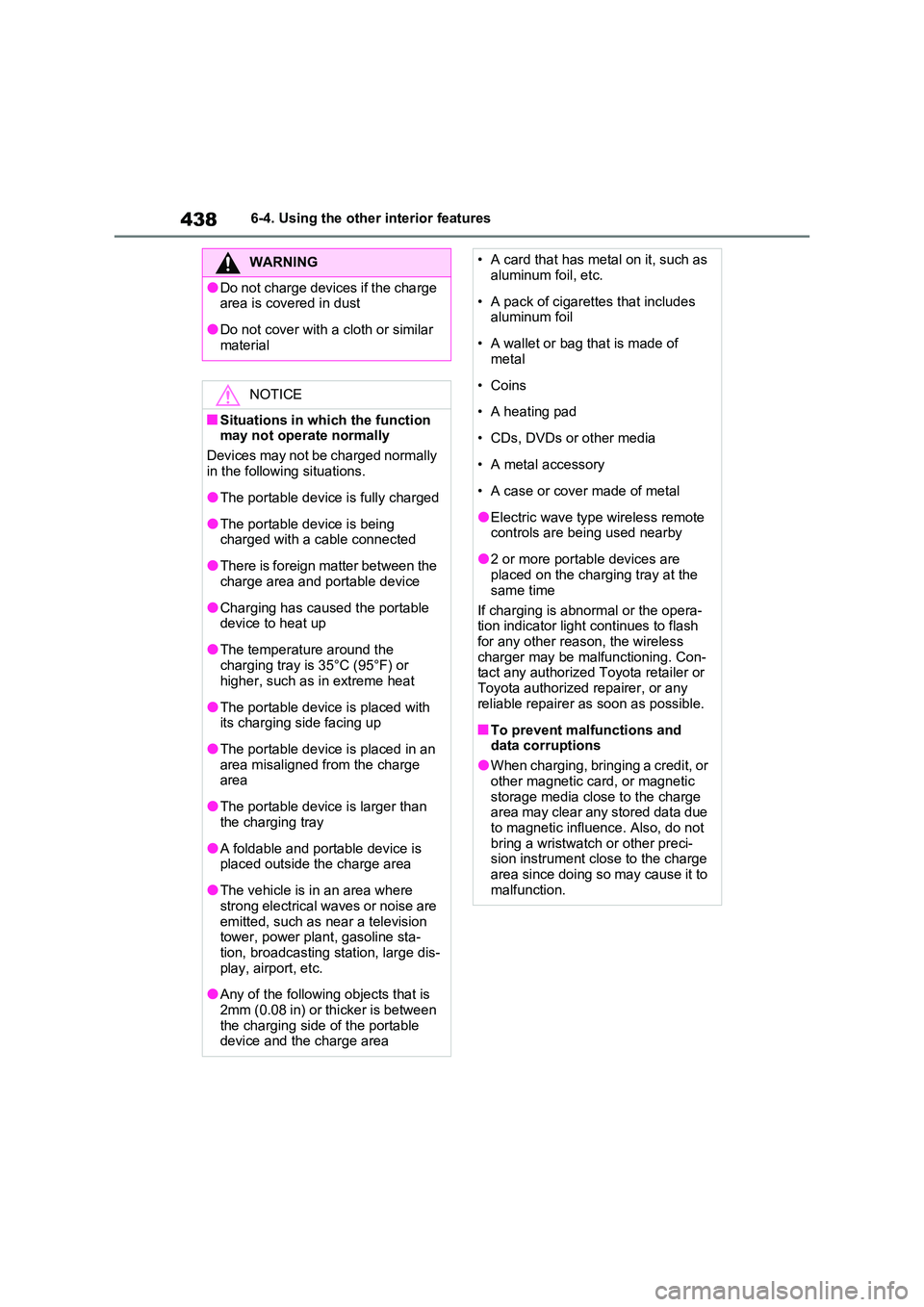 TOYOTA RAV4 PLUG-IN HYBRID 2022  Owners Manual 4386-4. Using the other interior features
WARNING
�ODo not charge devices if the charge  area is covered in dust
�ODo not cover with a cloth or similar material
NOTICE
�QSituations in which the functi